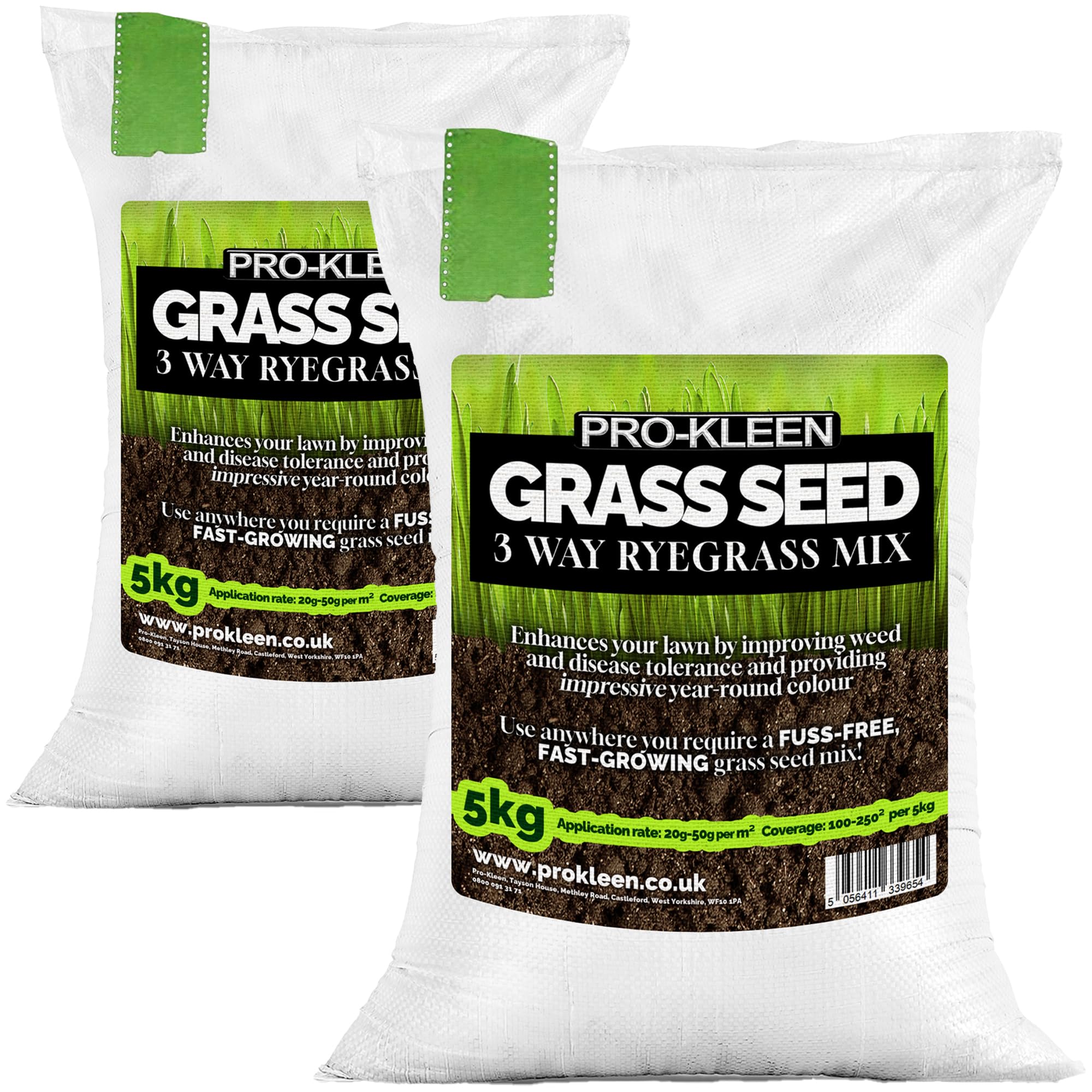 Pro-Kleen Grass Seed 3 Way Ryegrass Mix 2 x 5kg - Premium Lawn Seed - Hard Wearing, Fast Germination & Multi-Resistant Against Winter Damage, Rust & Disease - Coverage 200-500² from 10kg