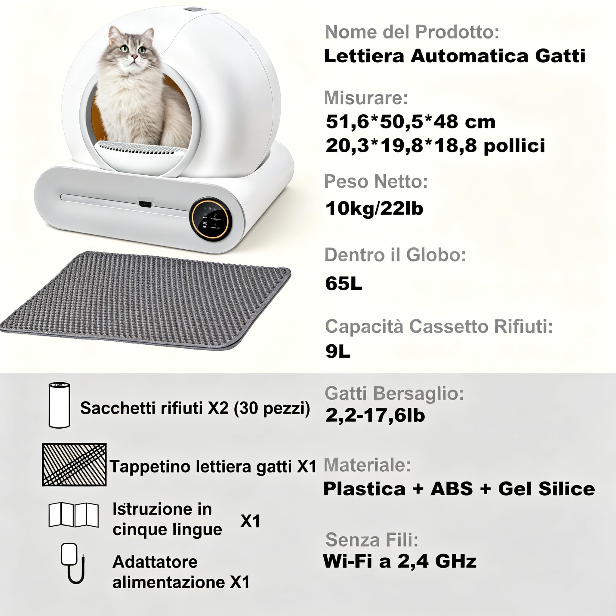 PGD​​SGA Lettiera Autopulente Per Gatti 65 Litri + 9 Litri, Controllabile Tramite App - Capacità Extra-Large (65 Litri), Deodorizzazione Ionica E Monitoraggio Dello Stato Di