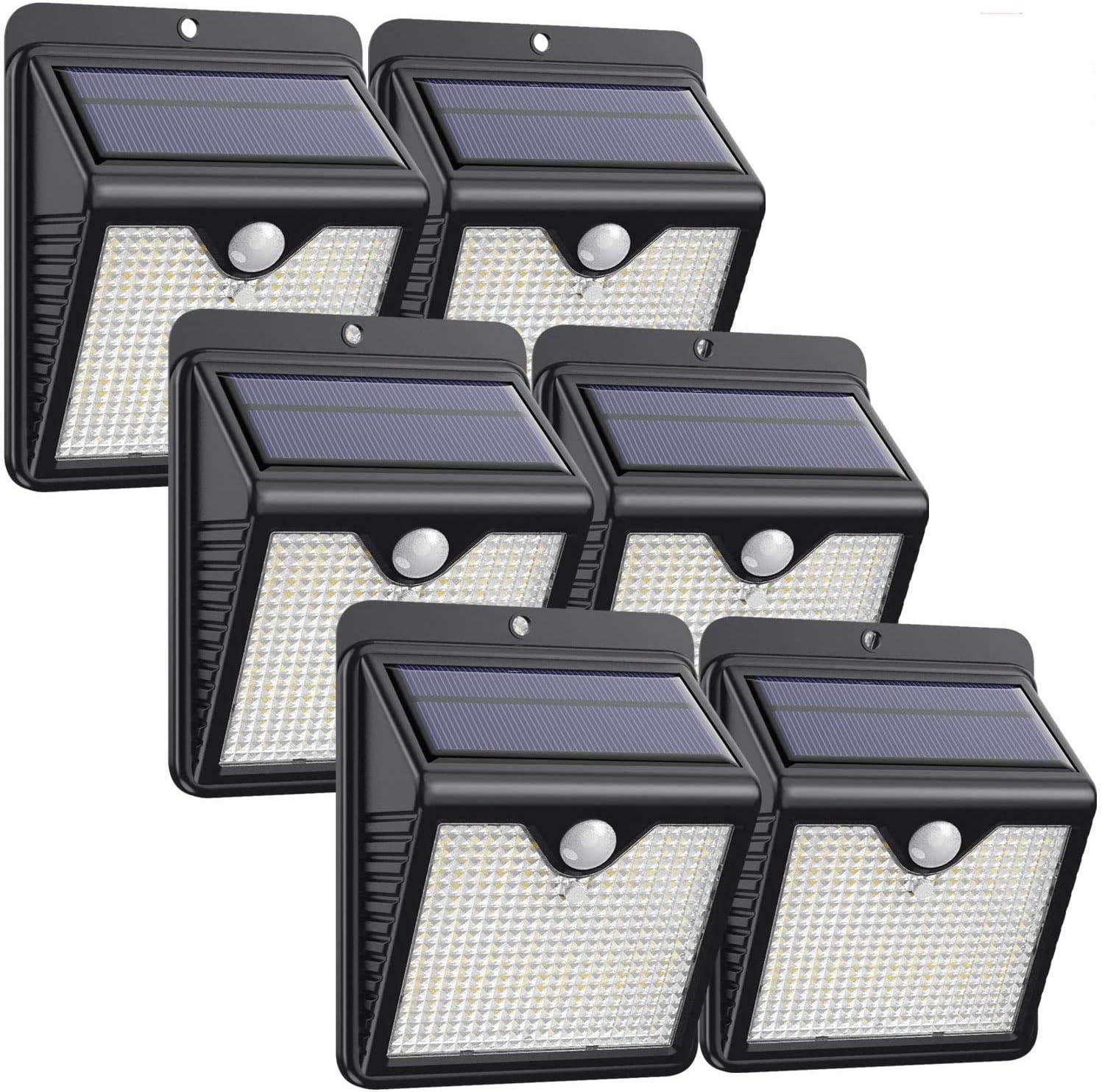 [6 Pack] 150 LED Solar Lights Outdoor iPosible Motion Sensor Security Lights Solar Powered Lights Waterproof 2000mAh Solar Wall Lights Outside for Garden Fence Door Yard Garage Pathway, Black