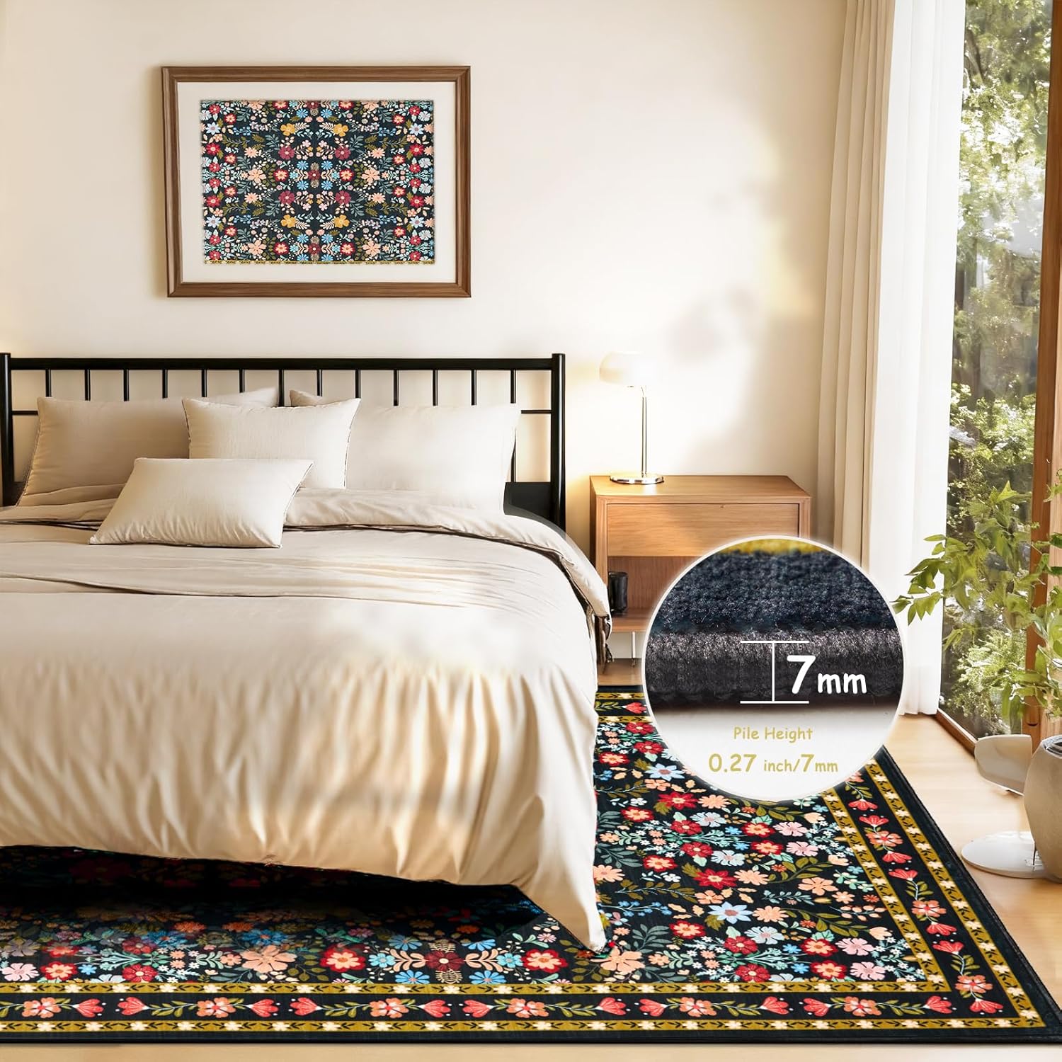 ANSSO 8x10 Rugs for Living Room, Large Floral Washable Area Rugs with Non Slip Backing, Vintage Boho Soft Low Pile Floor Mat Indoor for Bedroom, Dining Room Playroom Nursery (Black/Multi)