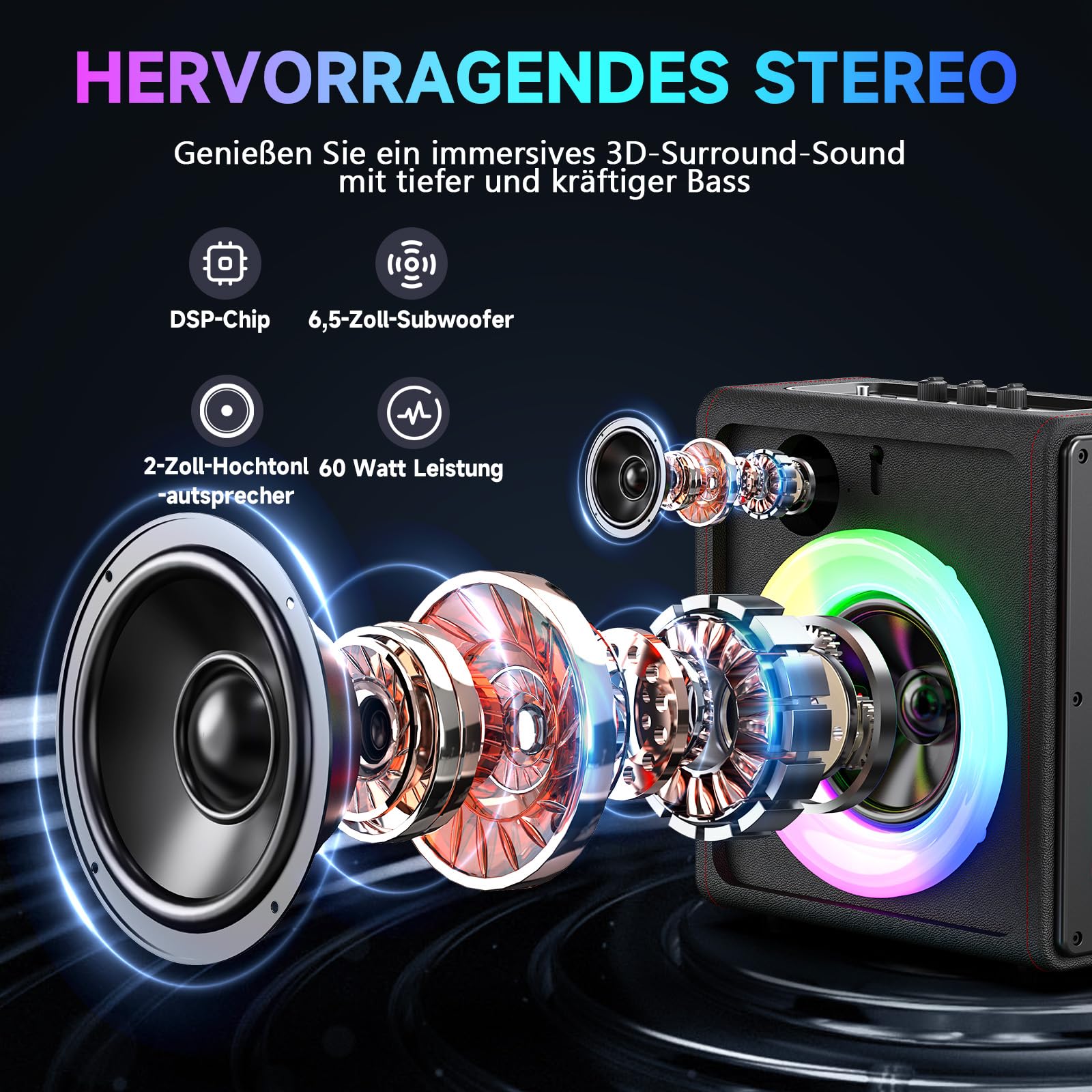 Karaoke Maschine, Tragbarer Bluetooth 5.3-Lautsprecher mit 2 drahtlosen Mikrofonen, Pa Anlage mit Tonhöhenkorrektur und Echoanpassung, Unterstützung für TWS/TF-Karte/USB/AUX für Familientreffen