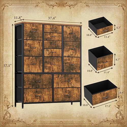 Miniatura 3 de Cómoda de tela con 15 cajones para dormitorio, cómoda de almacenamiento vertical alta y cómoda, organizador de cajones de almacenamiento con marco