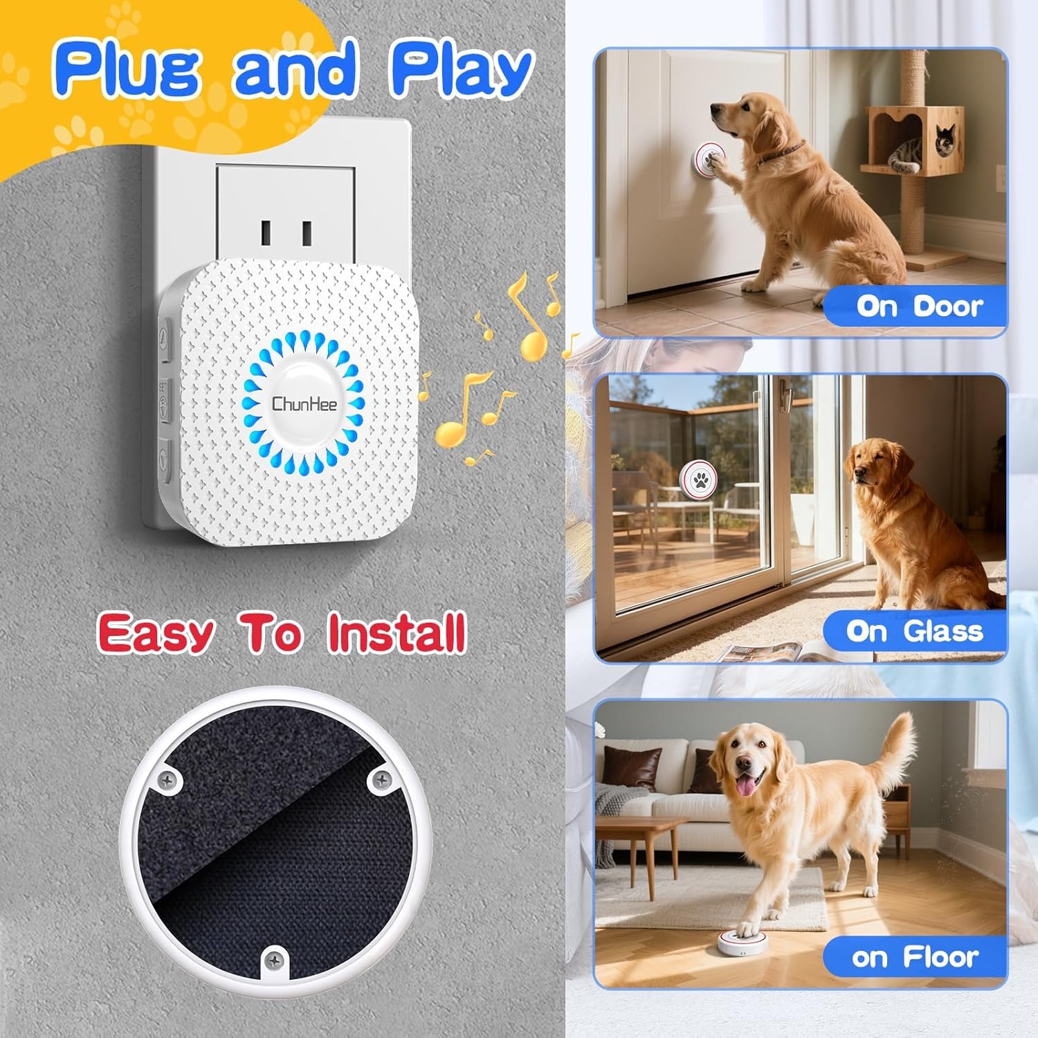 ChunHee Dog Door Bell for Potty Training – Wireless Doggie Doorbell to Go Outside, 1.6in Touch Surface, Easy for Puppy & Adult Dogs, IP55 Waterproof, 500FT Range, 55 Ringtones, Adjustable Volume