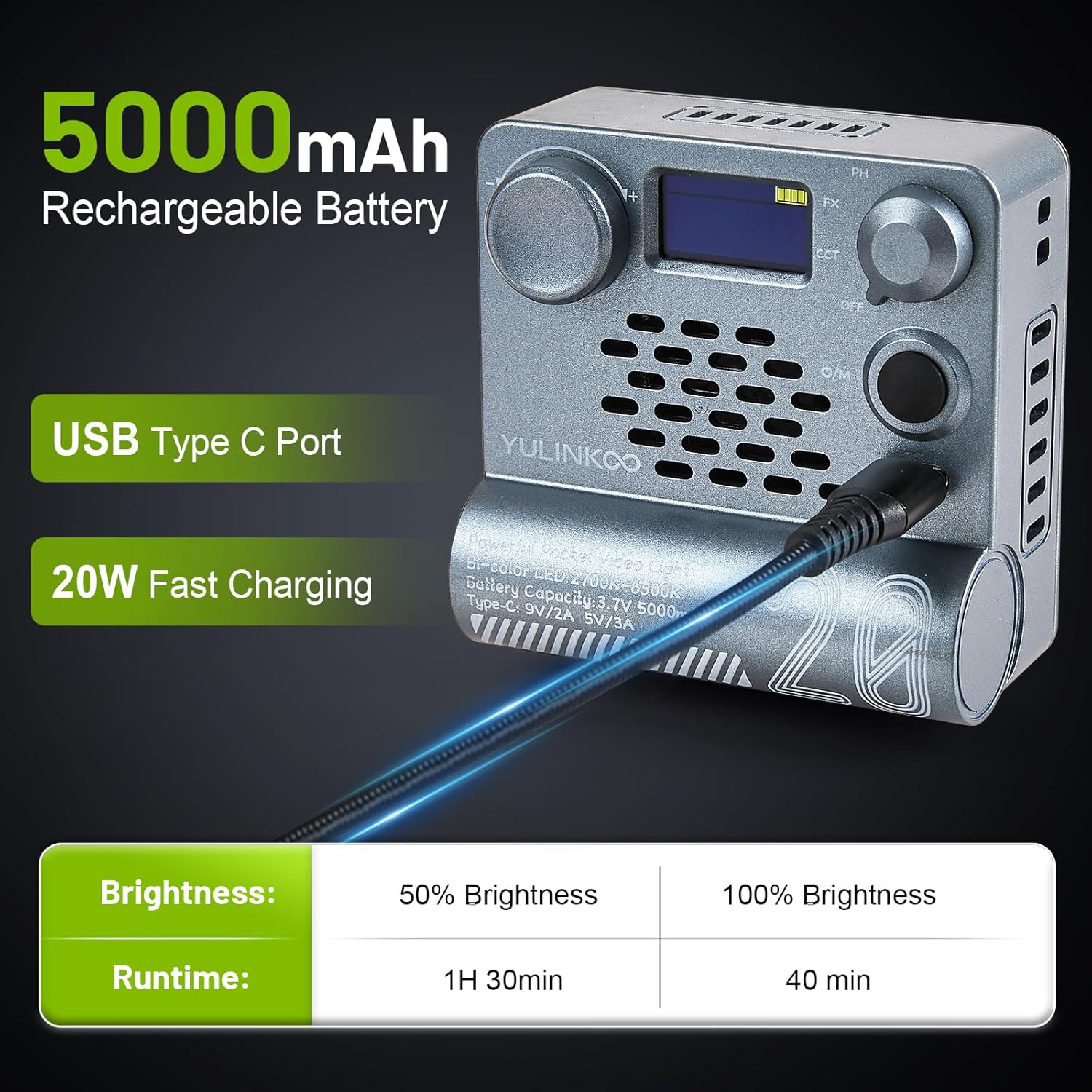 COB LED Video Light, Handheld Bi Color Photography Lighting with 5000 mAh Rechargeable Battery, 2700K-6500K CRI 95+, 12 Effects, Fill Light for Portrait Photo, Vlog, Video Recording, Live Streaming