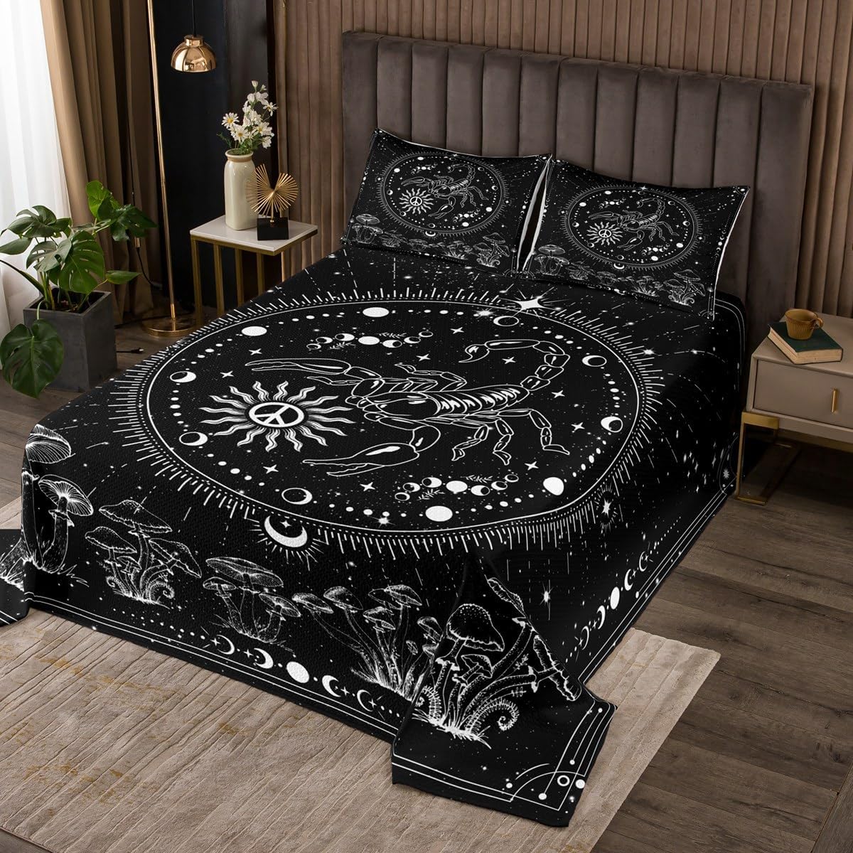 Wild Mushroom Plant Bedspread King,Bohemian Starry Galaxy Universe Quilted Coverlet 3pcs for Adults Teens Room Decor,Scorpio Wild Animal Soft Breathable Bedding Quilt