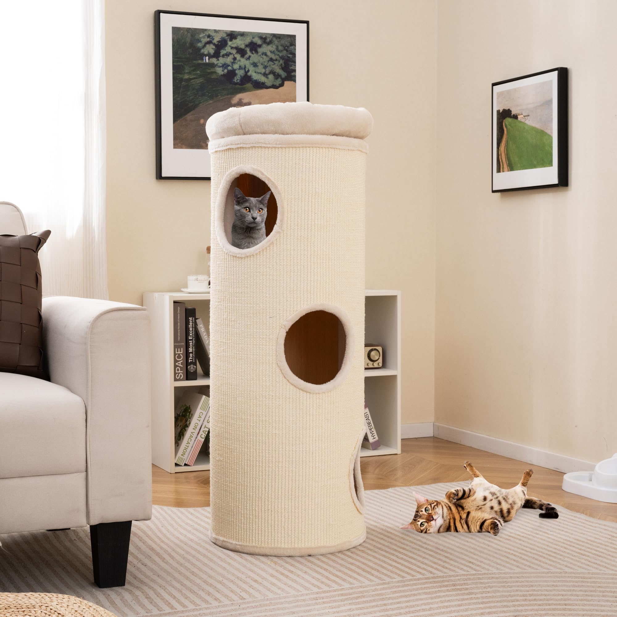 PETSITE 4-Story Cat Tree Condo, 49 Inch Multi-Level Barrel-Shaped Cat House with Sisal Scratching Pad, 3 Hideaways, Removable Soft Top Plush Bed,