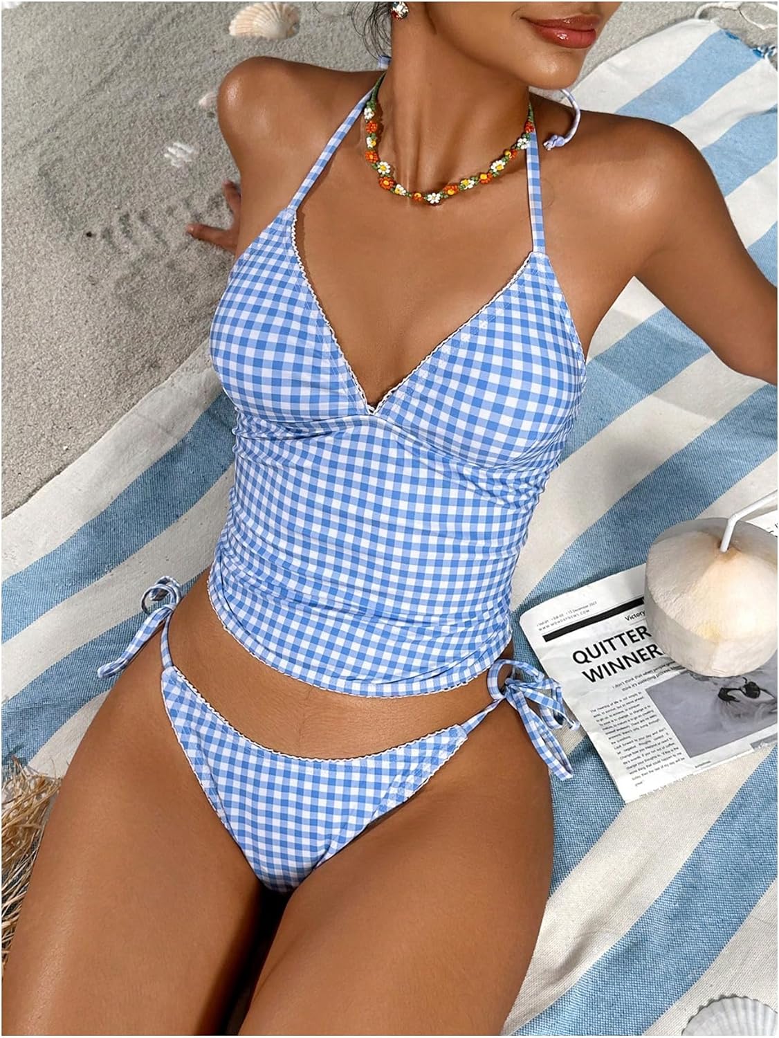 MakeMeChic Women's Tankini Swimsuits Cute Cheeky Swimsuit Plaid Halter Tankini Bathing Suits - Image 5