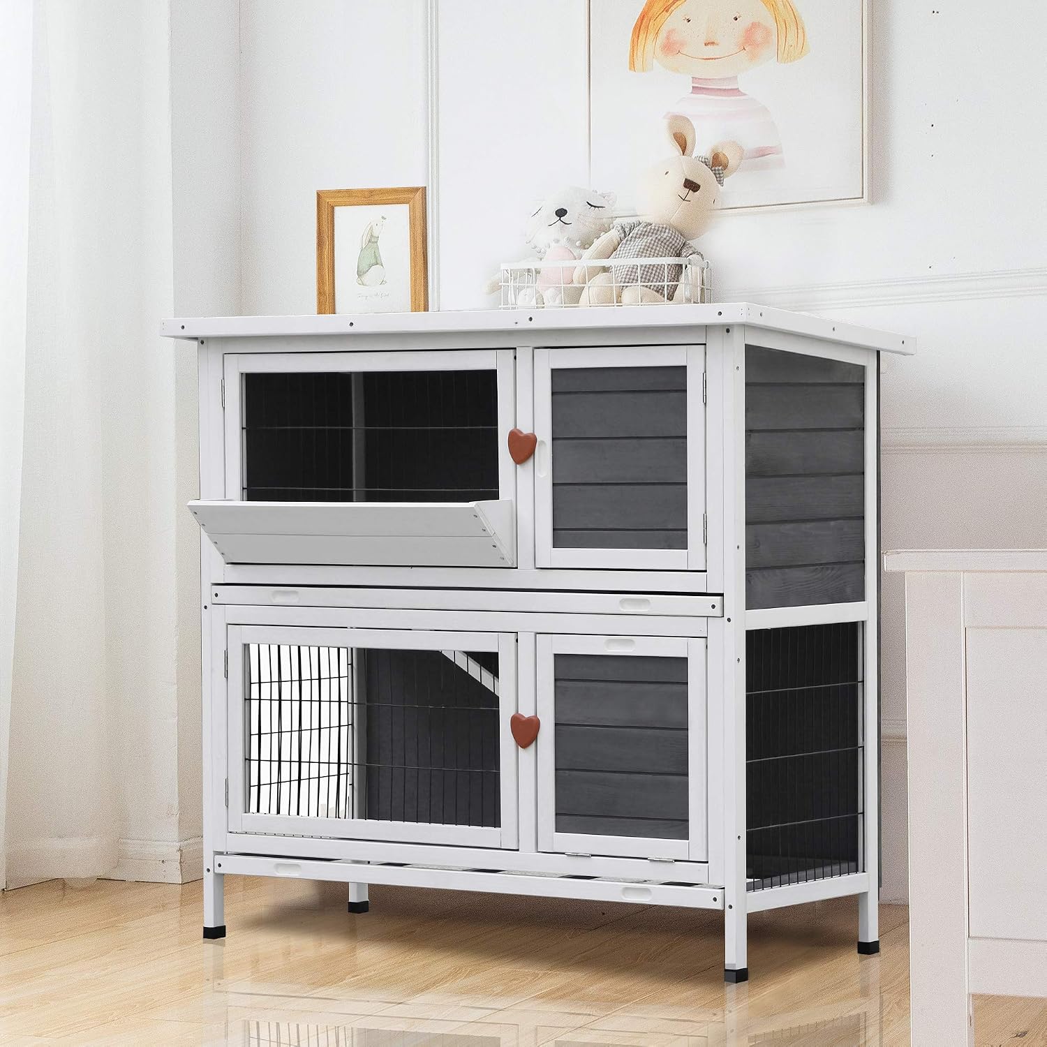 Lovupet Rabbit Hutch Cage with Pull Out Tray, 2 Story Indoor Outdoor Wooden Bunny Cage, Rabbit House with Run Ramp for Guinea, Habitat, Small Animals Pets, 0322