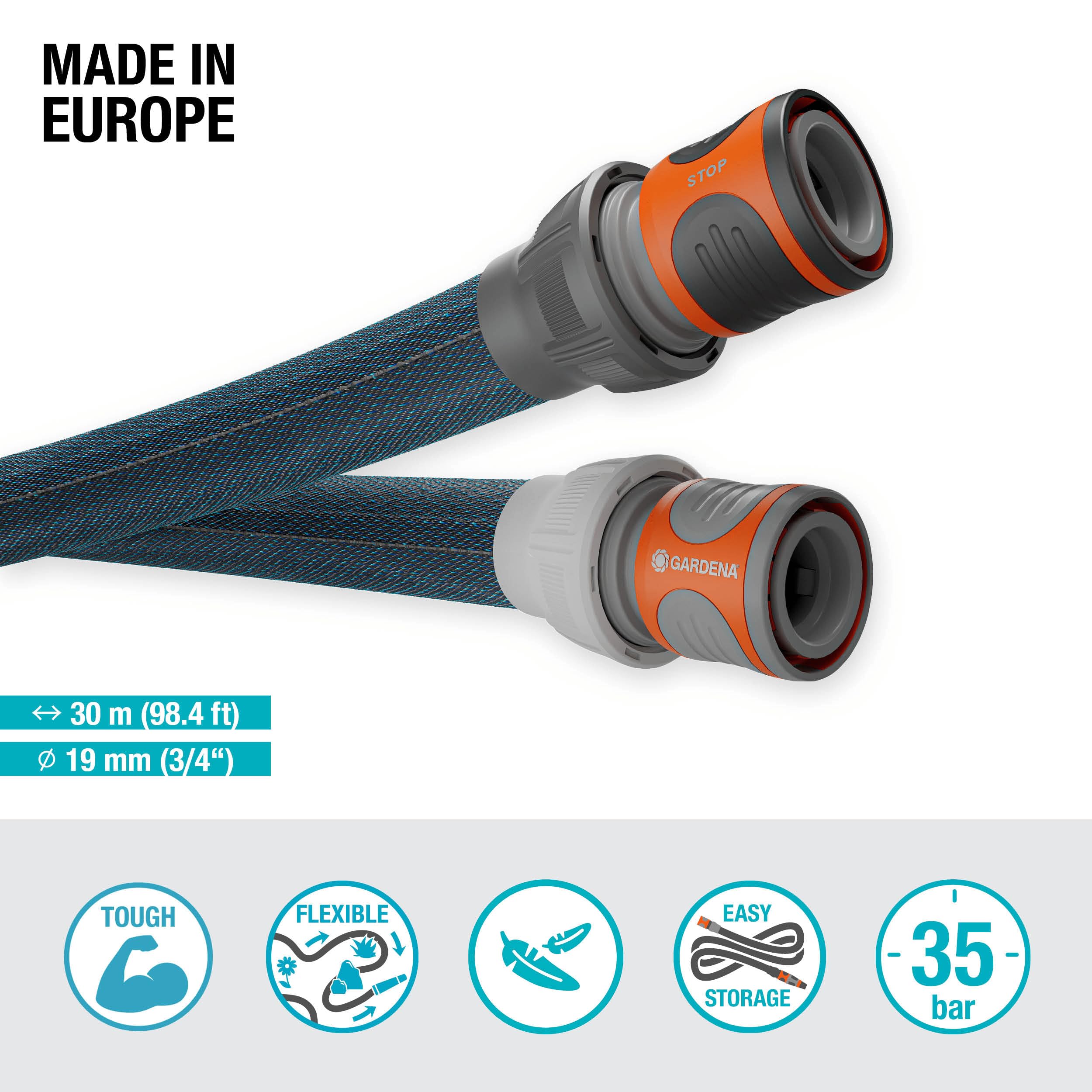 Gardena Liano Xtreme 3/4 inch, 30m set: Extremely robust textile garden hose, for indoor water taps, with PVC inner tube, lightweight, weather-resistant (18484-20)