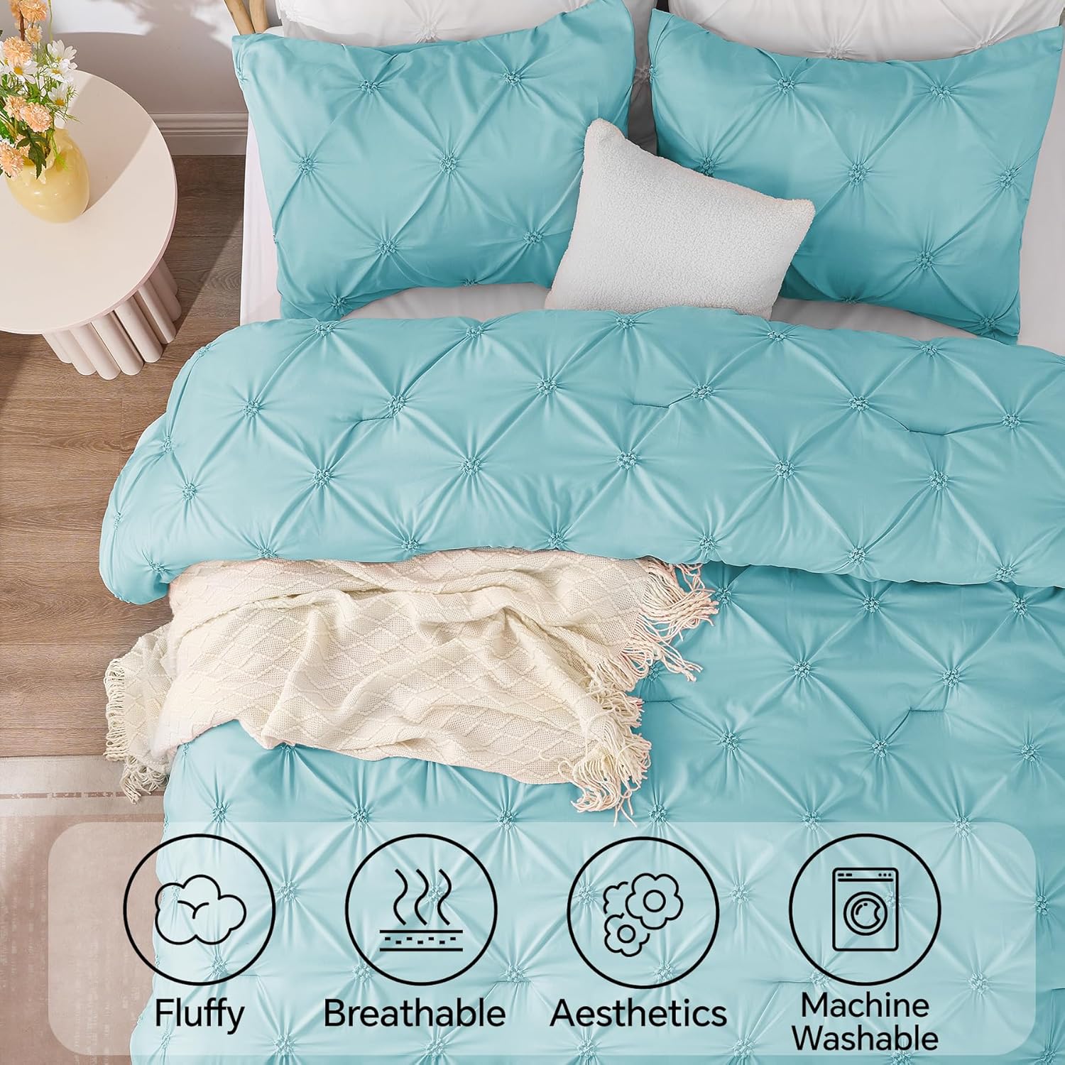 BEDELITE Macaron Blue Queen Comforter Set - 3 Pieces Boho Pintuck Bedding Comforter Sets, Lightweight Soft & Warm Bed Comforter Queen with 2 Pillowcases for All Season - Image 5