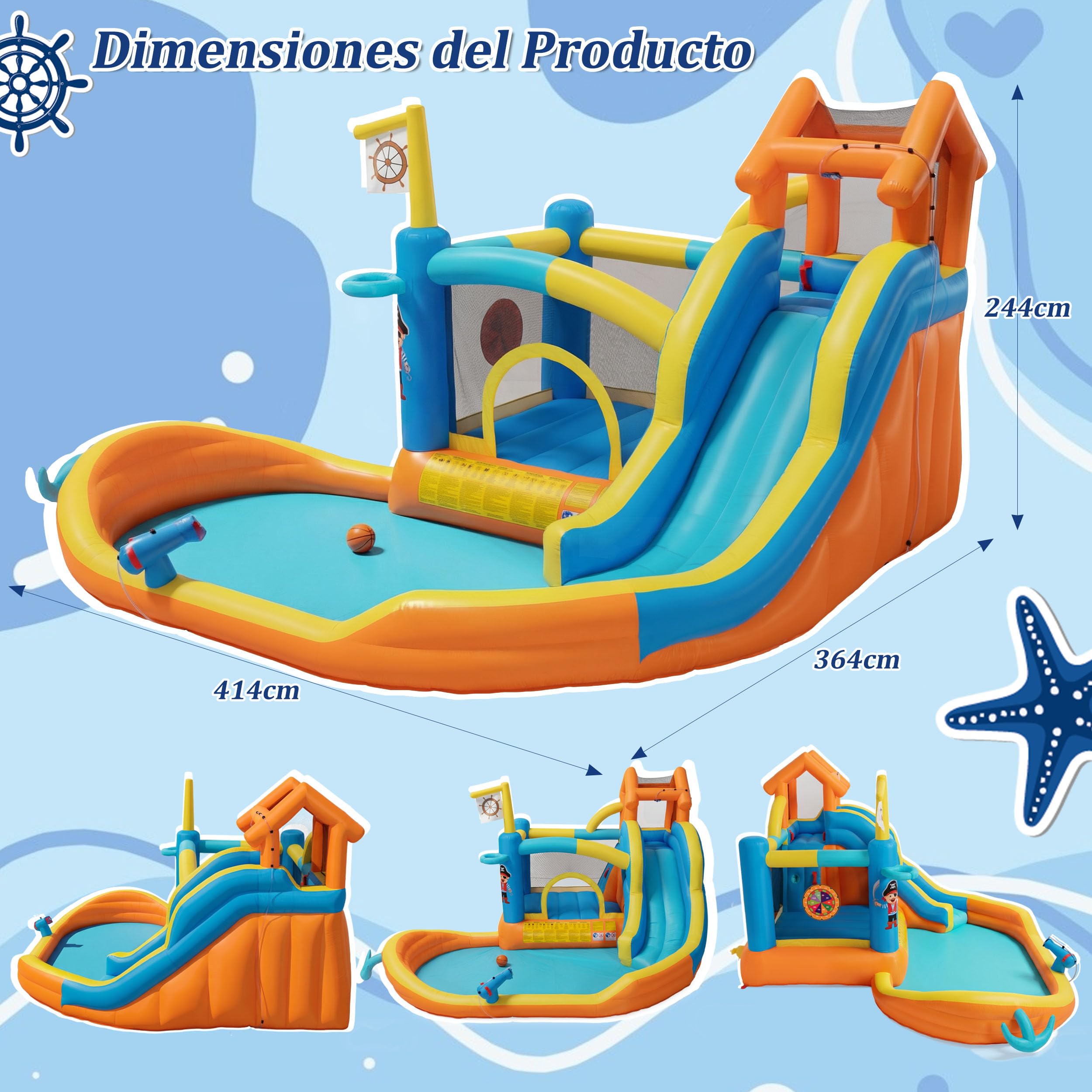 UEV Parque Hinchable 8 en 1 para Niños con Ventilador, 414 x 364 x 244 cm | Parque Infantil Temático Náutico con Tobogán y Pistola de Agua, Castillo Hinchable Interior y Exterior para Niños 3-10 Años