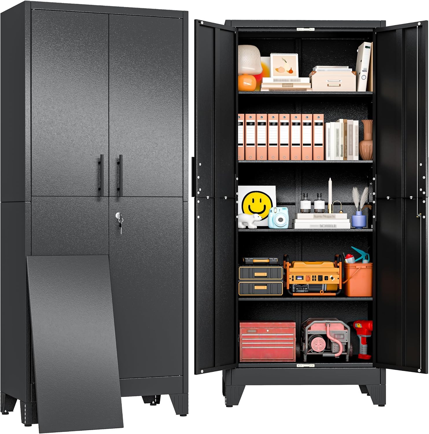 71" Black Metal Storage Cabinet with 2 Doors and 4 Adjustable Shelves,Steel Garage Tool Cabinet, File Cabinet,Kitchen Pantry Cabinet for Home,Office,Garage,School,Warehouse
