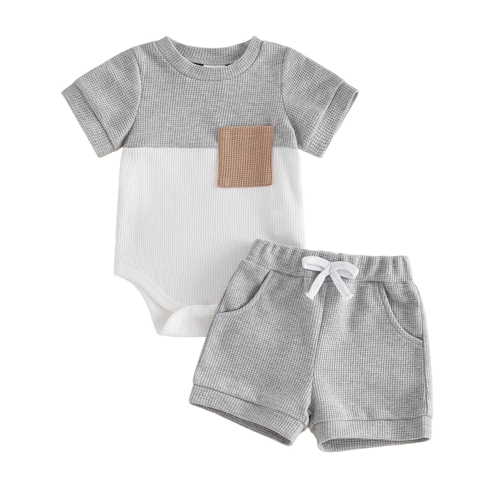 Newborn Baby Boy Summer Outfit Set Contrast Color Romper Tops With Elastic Waist Shorts Cute Infant Waffle Clothes