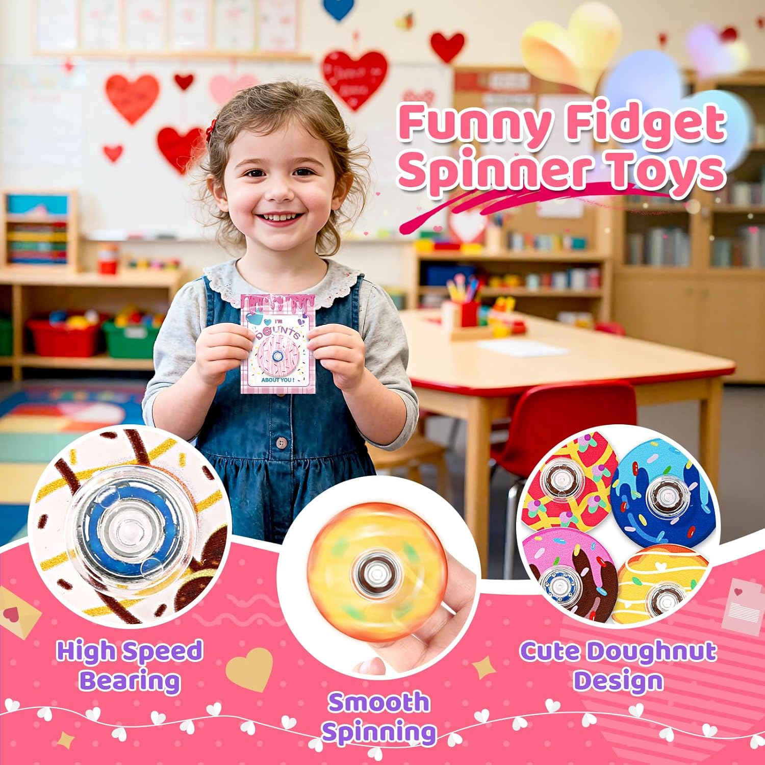 24 Pack Valentines Day Cards for Kids, Donut Fidget Spinner Toy with Greeting Cards, Valentine's Day Gifts for Kids, Valentine Kids Party Favor, School Classroom Exchange Prizes for Boys Girls