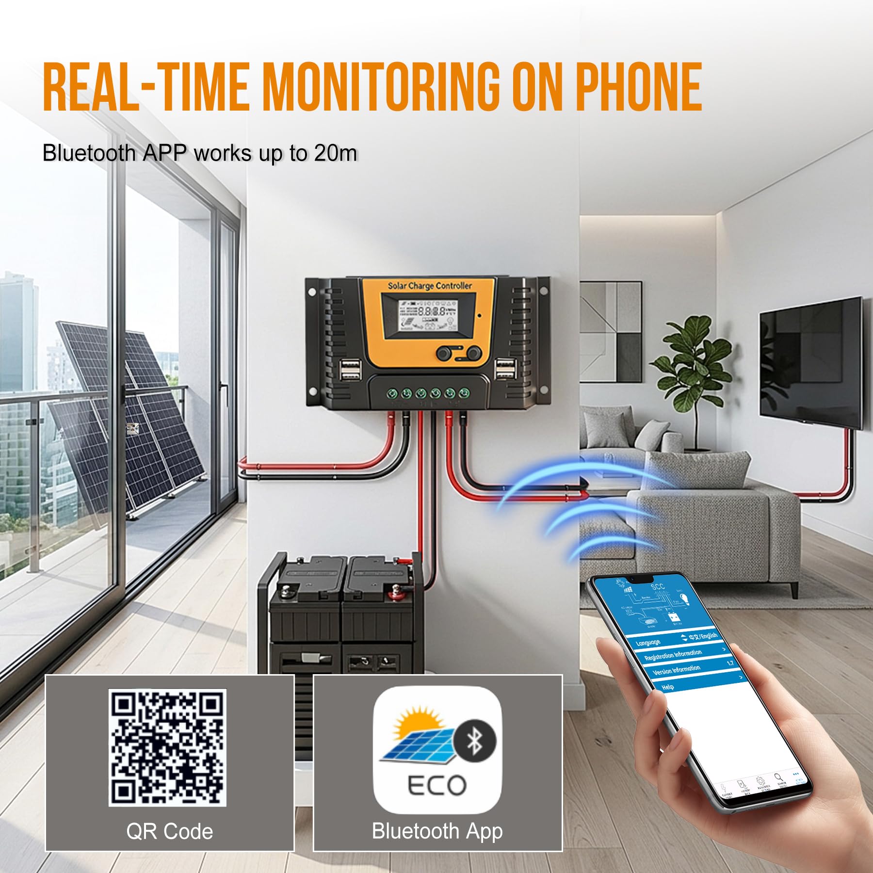 20A Solar Laderegler 12V 24V Mit Bluetooth, PWM 20A Solarladeregler mit Temperatursensor LCD Anzeige und 4 USB Ports,Geeignet 12V 24V LI SLD FLD GEL AGM Batterie
