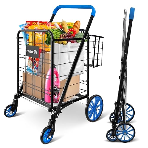 SereneLife Carrito de supermercado de compras con 360 ruedas giratorias giratorias, diseño plegable, compartimento doble para cesta, carrito de