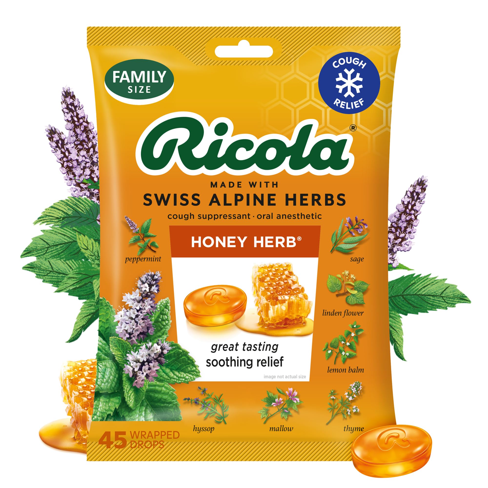 Ricola Family Pack Cough Suppressant Throat Drops, Honey-Herb, 45 Drops