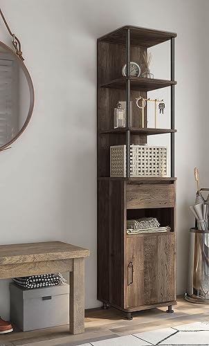 Miniatura 2 de PayLessHere Estantería con puerta y cajones, 3 niveles, estantería de almacenamiento alto, organizador de almacenamiento abierto para sala de estar,