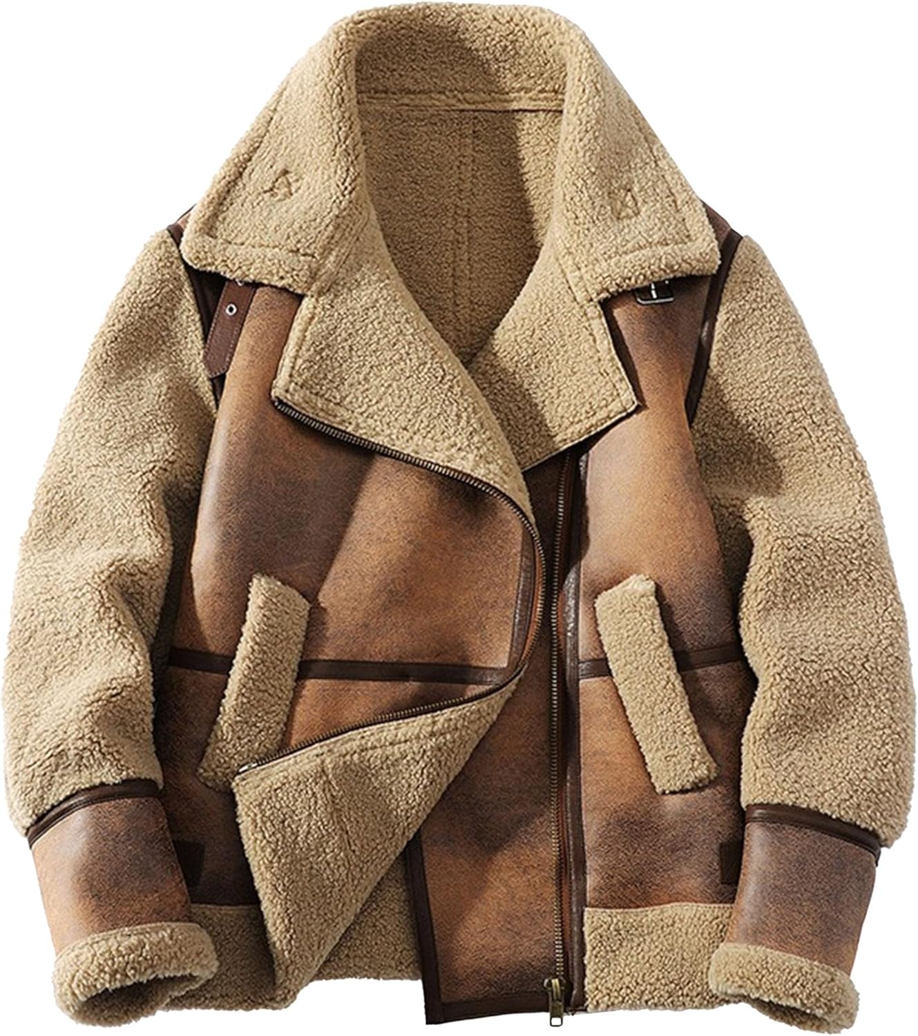Men's Notched Lapel Faux Fur Leather Coat Open Front Faux Fleece Lined Overcoat Winter Classic Cozy Zipper Jacket