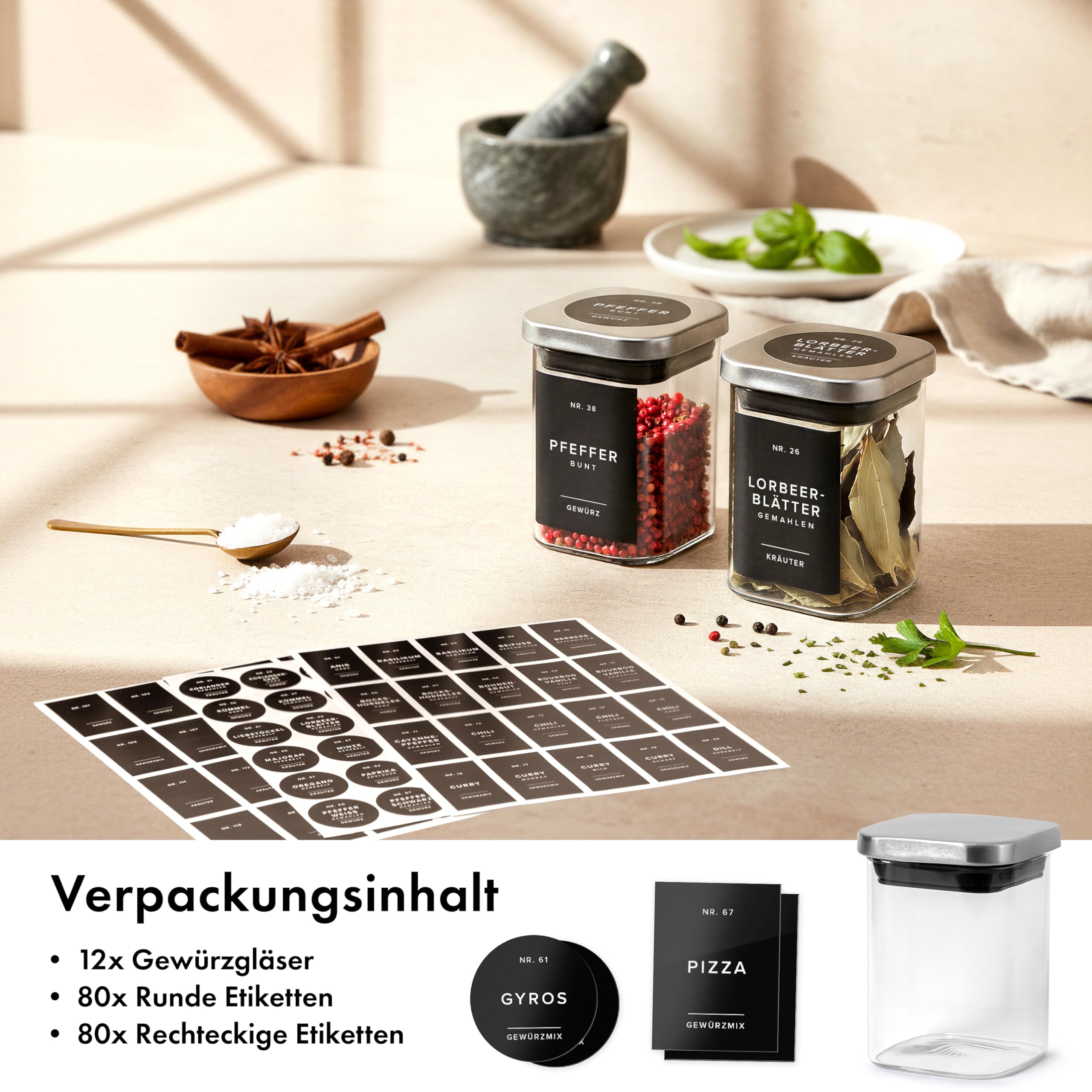 EDELHAUS Gewürzgläser Eckig mit Edelstahl Deckel 190ml (12 Stück) - Gewürzdosen Set mit 160 Gewürzetiketten/Luftdichte Vorratsdosen, Stapelbare Gewürz Organizer, Glasbehälter