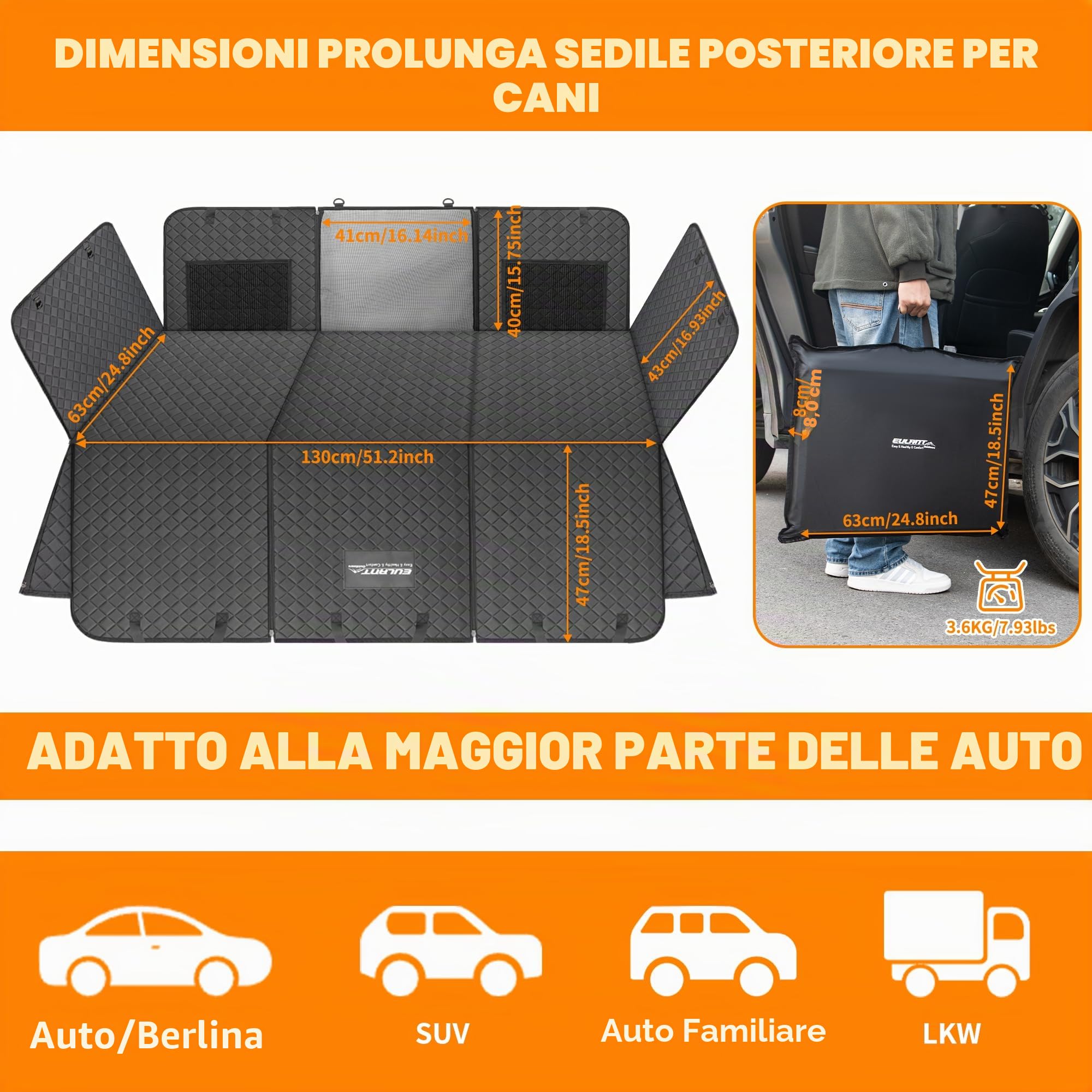 EULANT Coprisedile Auto per Cani con Fondo Rigidi, Robusto Estensore Sedile Posteriore, Divisorio per SUV MPV, Antigraffio e Impermeabile, Carico 200kg