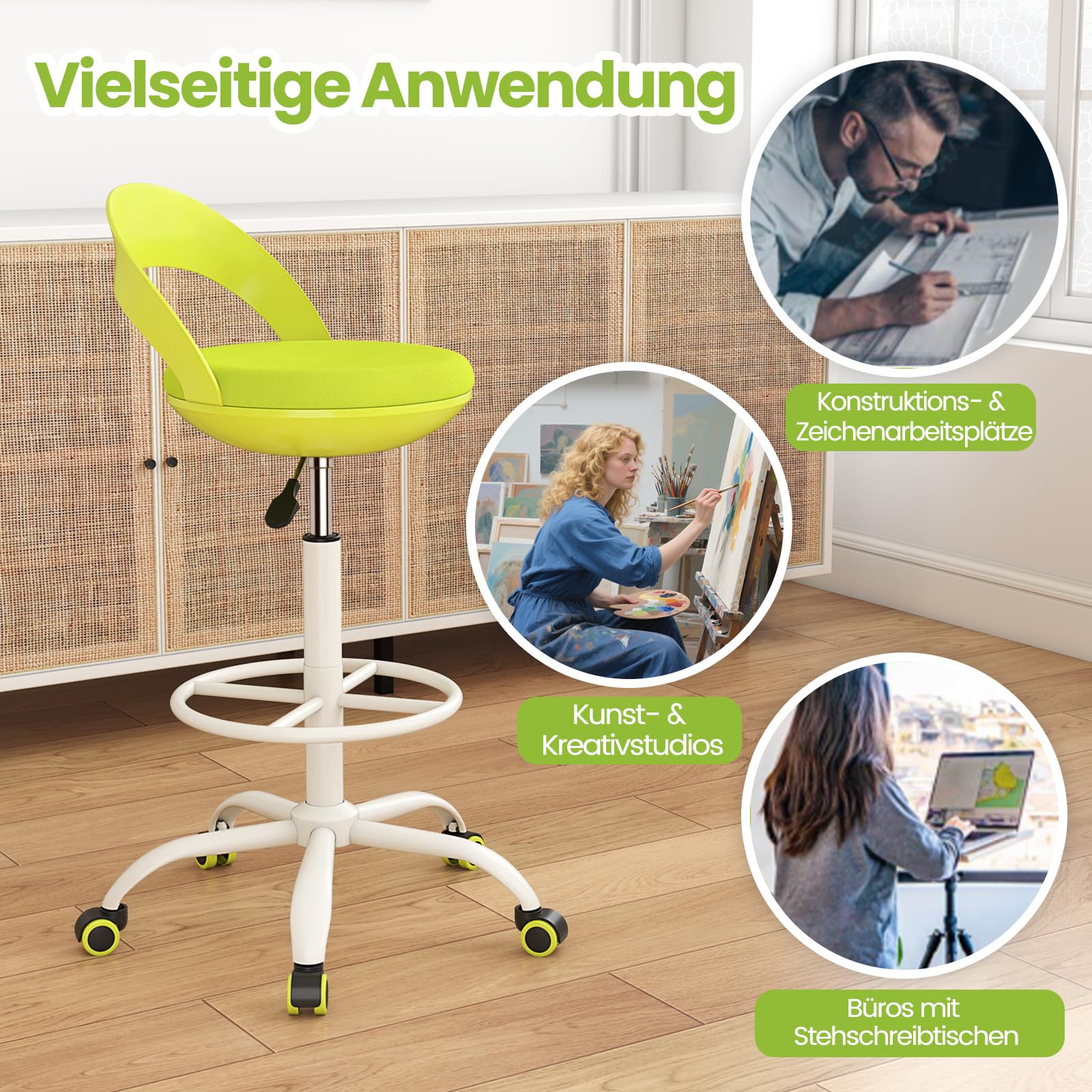 COSTWAY Taboret na kółkach z regulacją wysokości, taboret obrotowy na kółkach, 70-82 cm, taboret roboczy z siedziskiem tapicerowanym sztuczną skórą, taboret biurowy do studia artystycznego, rysowania