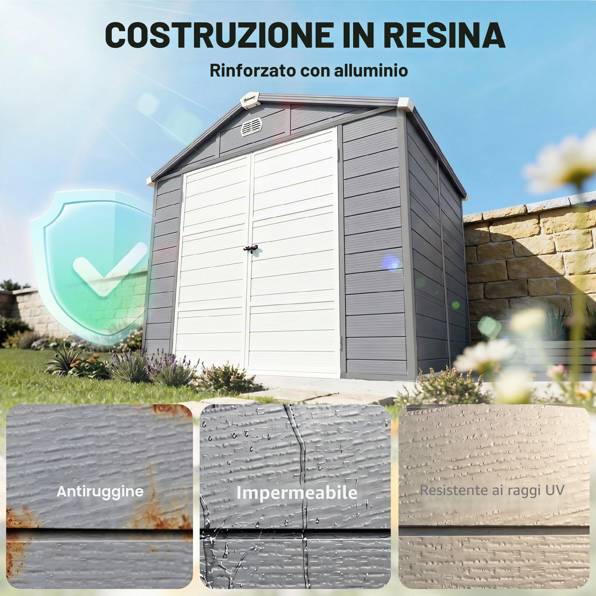 Casetta per attrezzi Outsunny 4,1 m³, casetta da giardino con tetto a una falda, 240 x 190 x 180/228 cm, casetta per attrezzi con porta chiudibile a chiave, finestra, garage per biciclette, mobile da