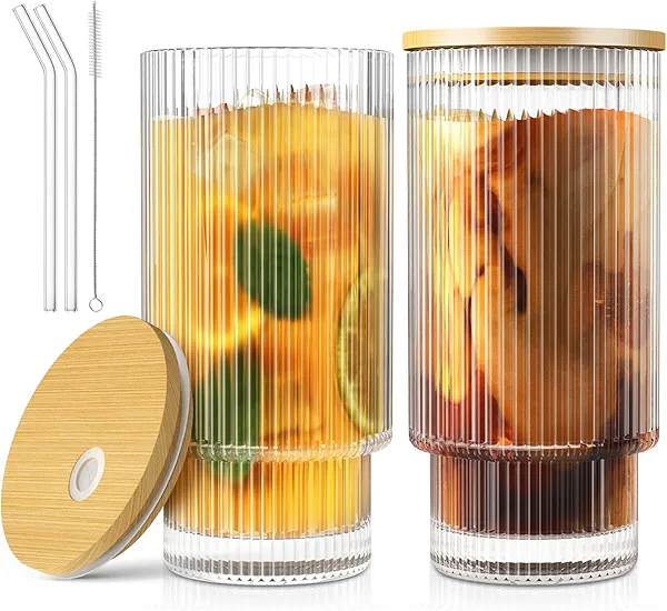 CWHHRN 16OZ Glass Cups with Lids and Straws, Vintage Glassware for Whiskey Cocktail Beer, Iced Coffee Cups with Lid, Glass Tumbler with Straw and Lid (2 PACK)