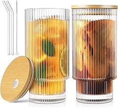 CWHHRN 16OZ Glass Cups with Lids and Straws, Vintage Glassware for Whiskey Cocktail Beer, Iced Coffee Cups with Lid, Glass Tumbler with Straw and Lid (2 PACK)