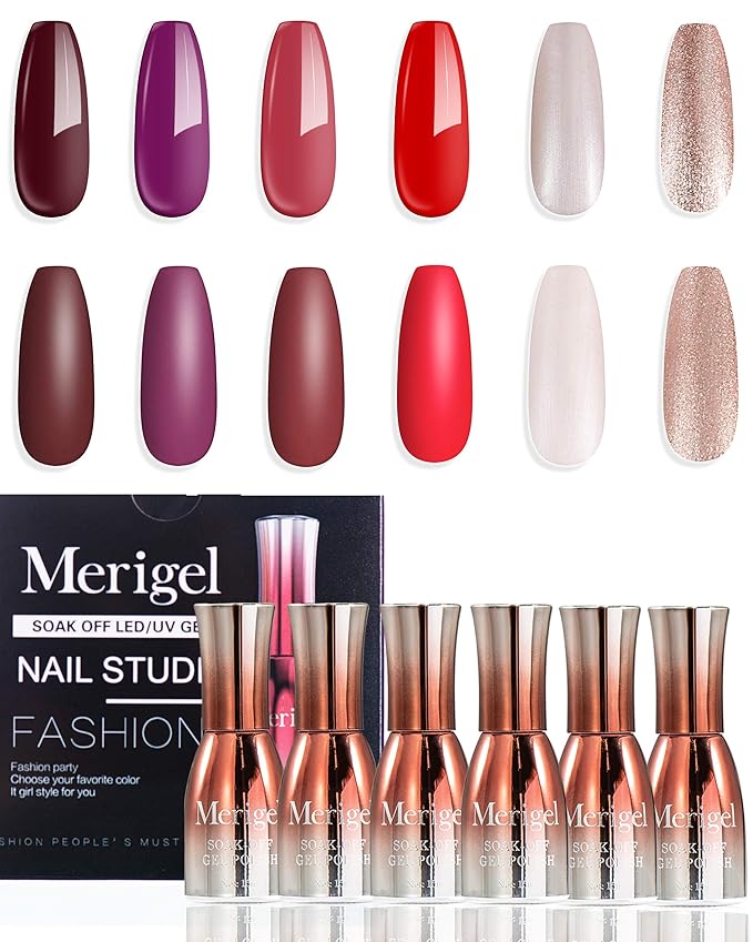 Amazon Com Gel Nail Polish Set 6 Pcs With Nice Box Merigel Soak Off Nail Gel Summer Candy 4 Colors With Top Base Coat Gel Varnish Gel Nail Polish Set Red