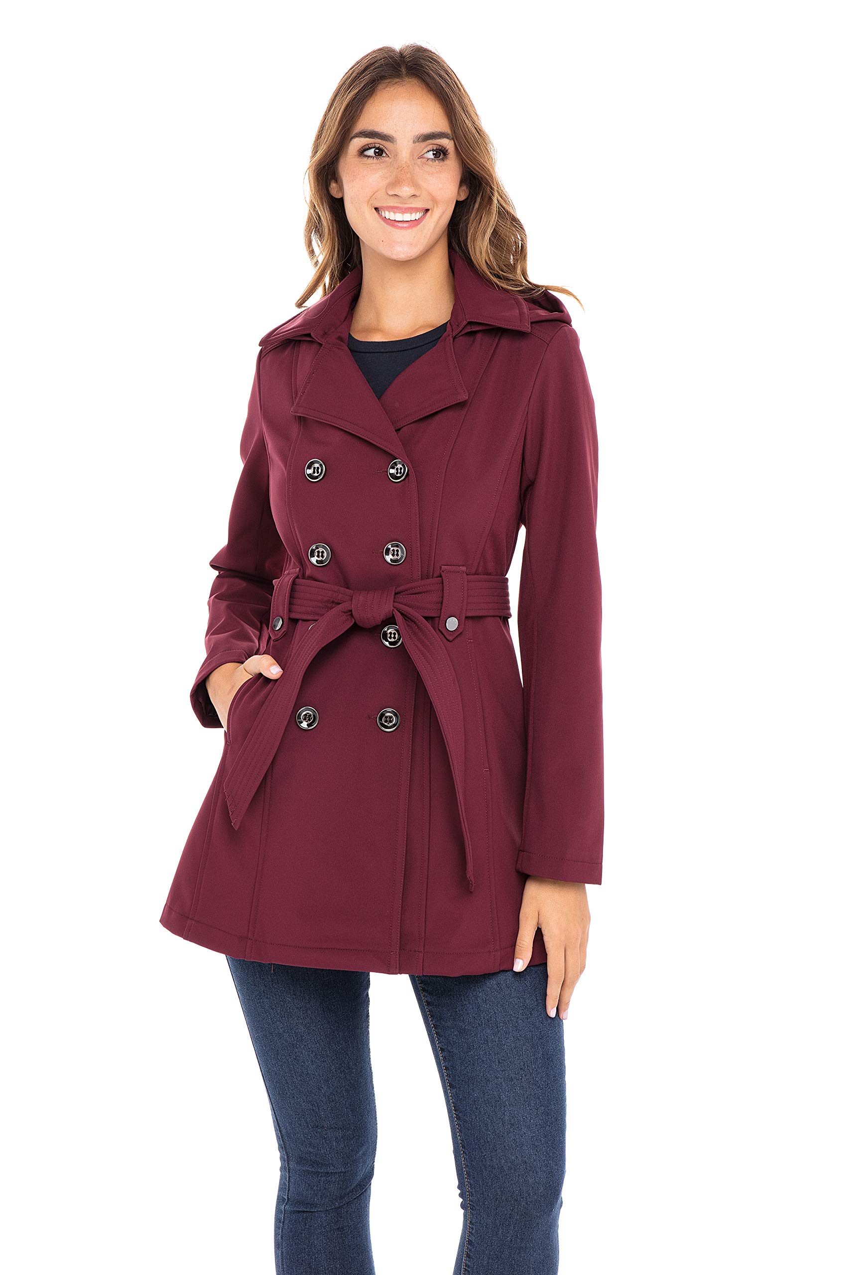 Photo 1 of Sebby Collection Women's Soft Shell Trench Coat with Detachable Hood Medium Burgundy
