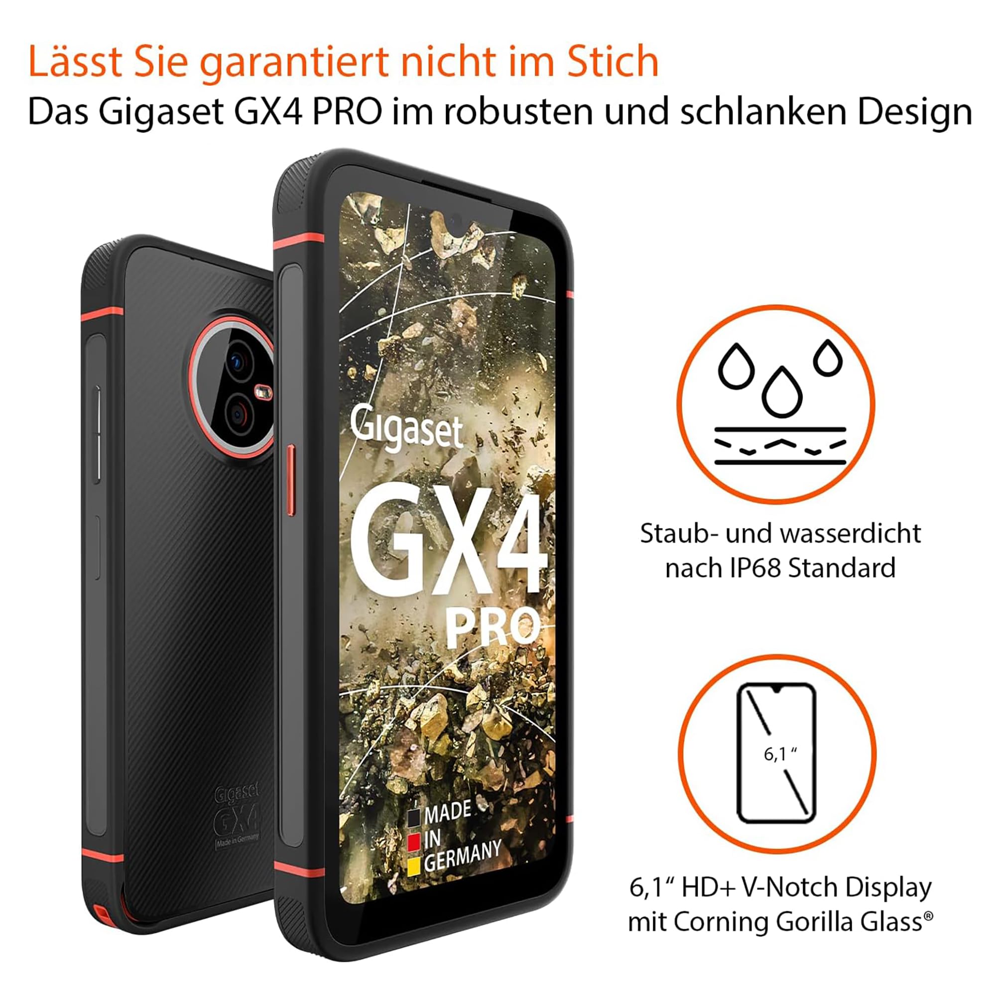 Gigaset GX4 PRO robustes Business-Smartphone 4G - staub- & wasserdicht IP68, Militärnorm - 6,1" HD+ Display mit Gorilla Glass - 128GB+6GB RAM - 48MP Kamera - 400 std Standby, Black
