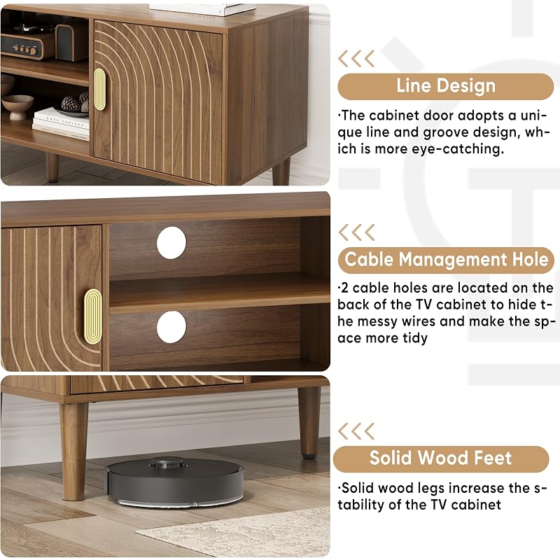 Smuxee Walnut TV Stand with Line Groove Design, 47.2" Mid Century Modern TV Media Console for TVs up to 55", TV Cabinet with Adjustable Shelf & 2 Cabinets for Living Room image 5