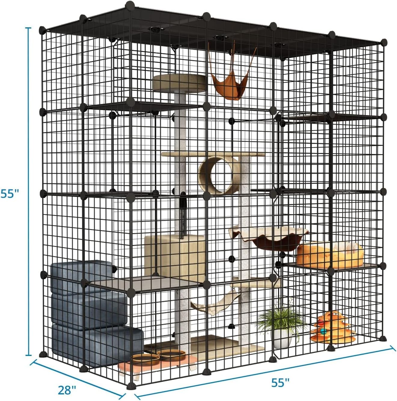 Oneluck Outdoor Cat House Cat Cages Enclosure with Super Large Enter Door, Balcony Cat Playpen with Platforms,DIY Kennels Crate Large Exercise Place Ideal for 1-3 Cats (55L x 28W x 55H)
