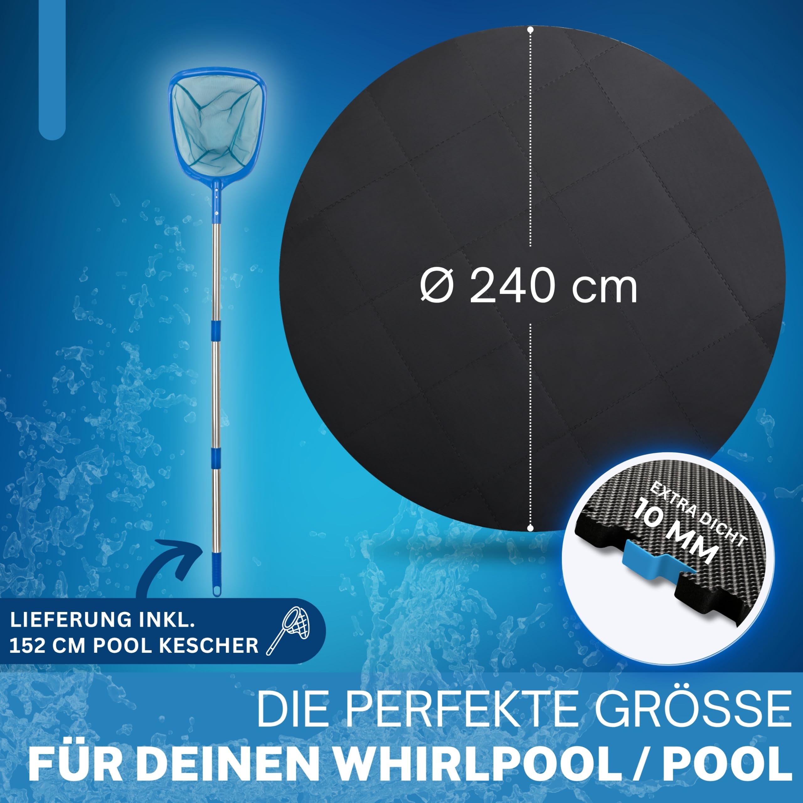 Whirlpool Unterlage rund 240cm - INKL. GRATIS KESCHER - Bodenmatte für Outdoor Whirlpools - Schützt & Isoliert Poolunterlage Pool Untergrund, schwarz