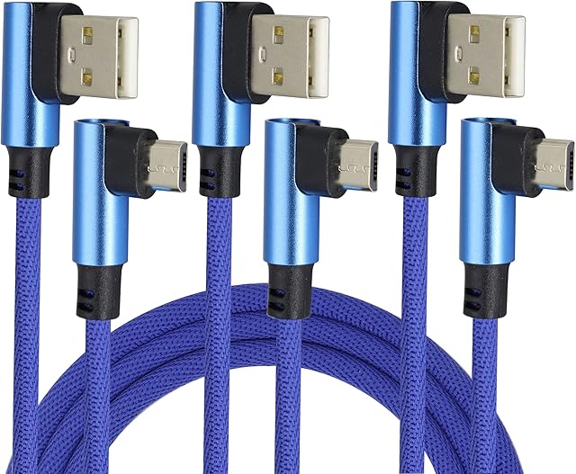 AAOTOKK 3 Ft 90 Degree Micro USB Cable 90 Degree USB 2.0 A Male to USB 2.0 Micro Male Nylon-Braided Fast Sync & Charging Cord for Android Phone, Samsung, LG,Huawei, Smartphones & More(Blue/3-Pack
