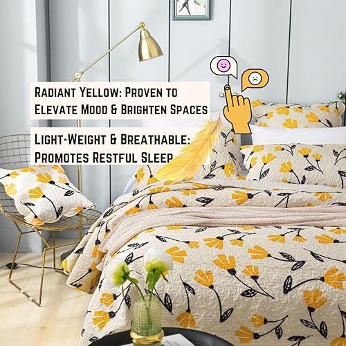 Miniatura 3 de DaDalogy - Juego de colcha acolchada con diseño floral botánico de flores amarillas y doradas, diseño de tulipanes de primavera, bordes festoneados,