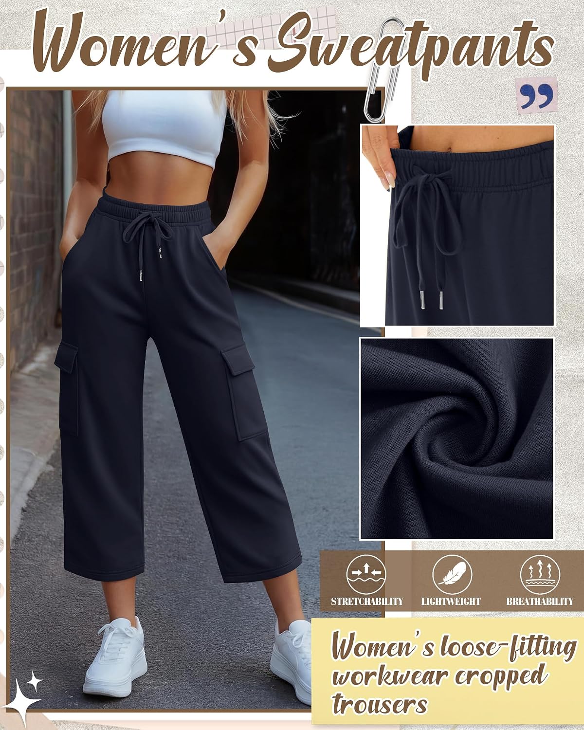 3 Pack Women Cargo Capris Wide Leg Loose Workout Active Pants Baggy Lightweight Cropped Sweatpants with Pockets