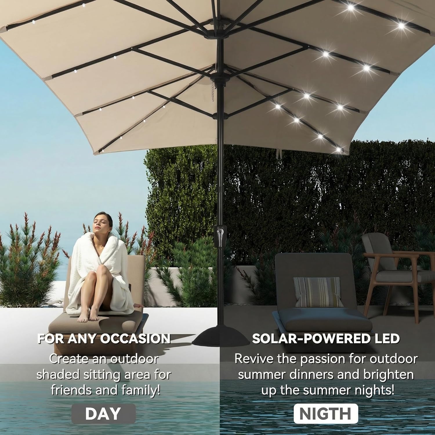 15×15ft Outdoor Patio Umbrella, Double Sided Market Rectangle Umbrella with Crank Handle, Large Sun Shade for Outside Deck, Backyard, Garden（Gray）
