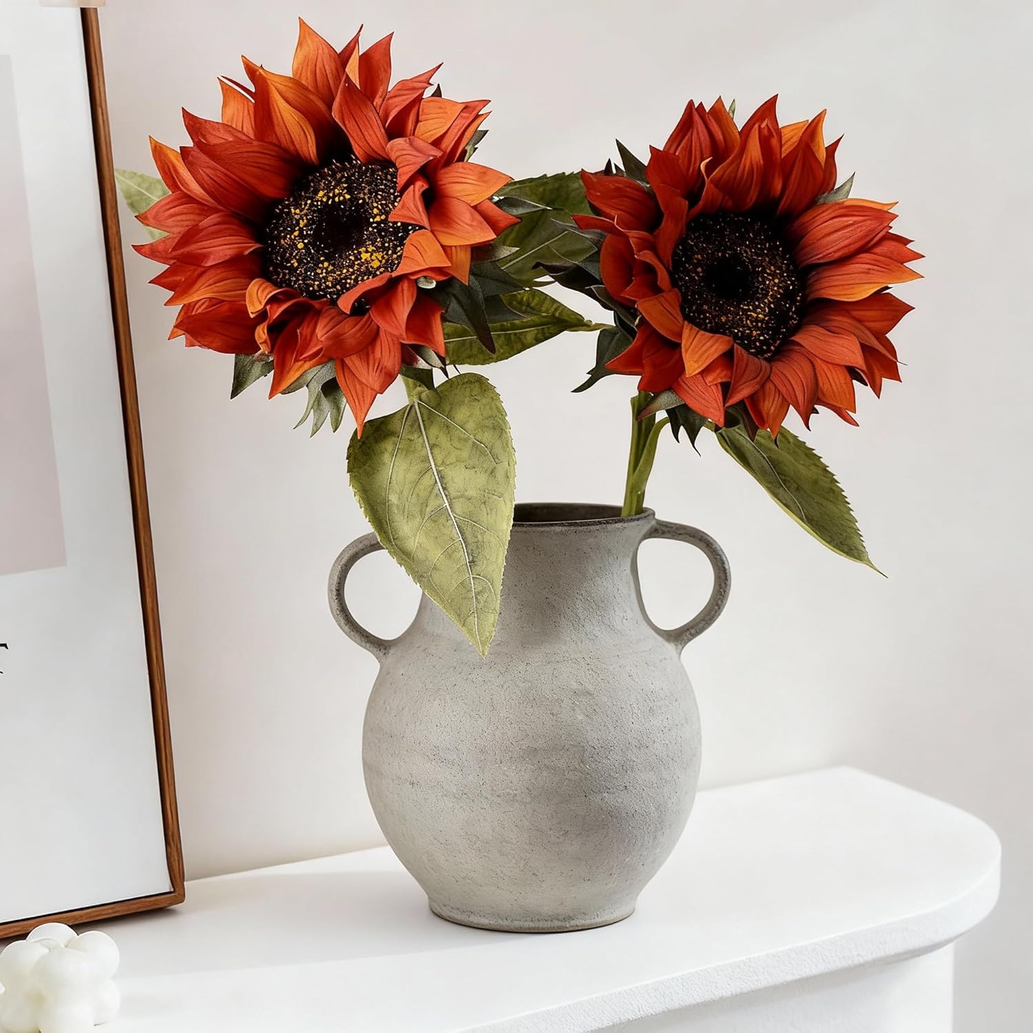 Real Touch Flowers, 4Pcs Orange Latex Artificial Sunflowers for Fall Decoration, Fake Silk Sun Flowers for Halloween, Thanksgiving, Harvest Festival DIY
