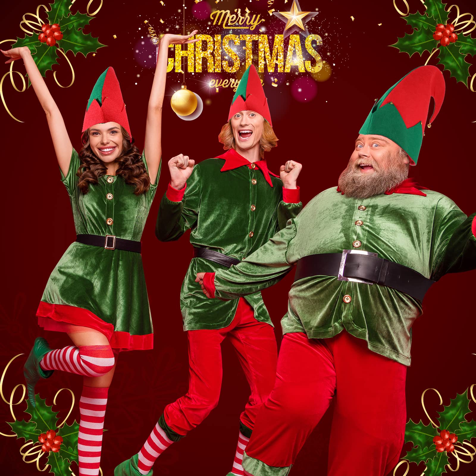 Laumoi 6 Pack Christmas Elf Felt Hats Green and Red Xmas Holiday Santa Hat Elf Bell Hat for Christmas Party Favors(Solid Style)