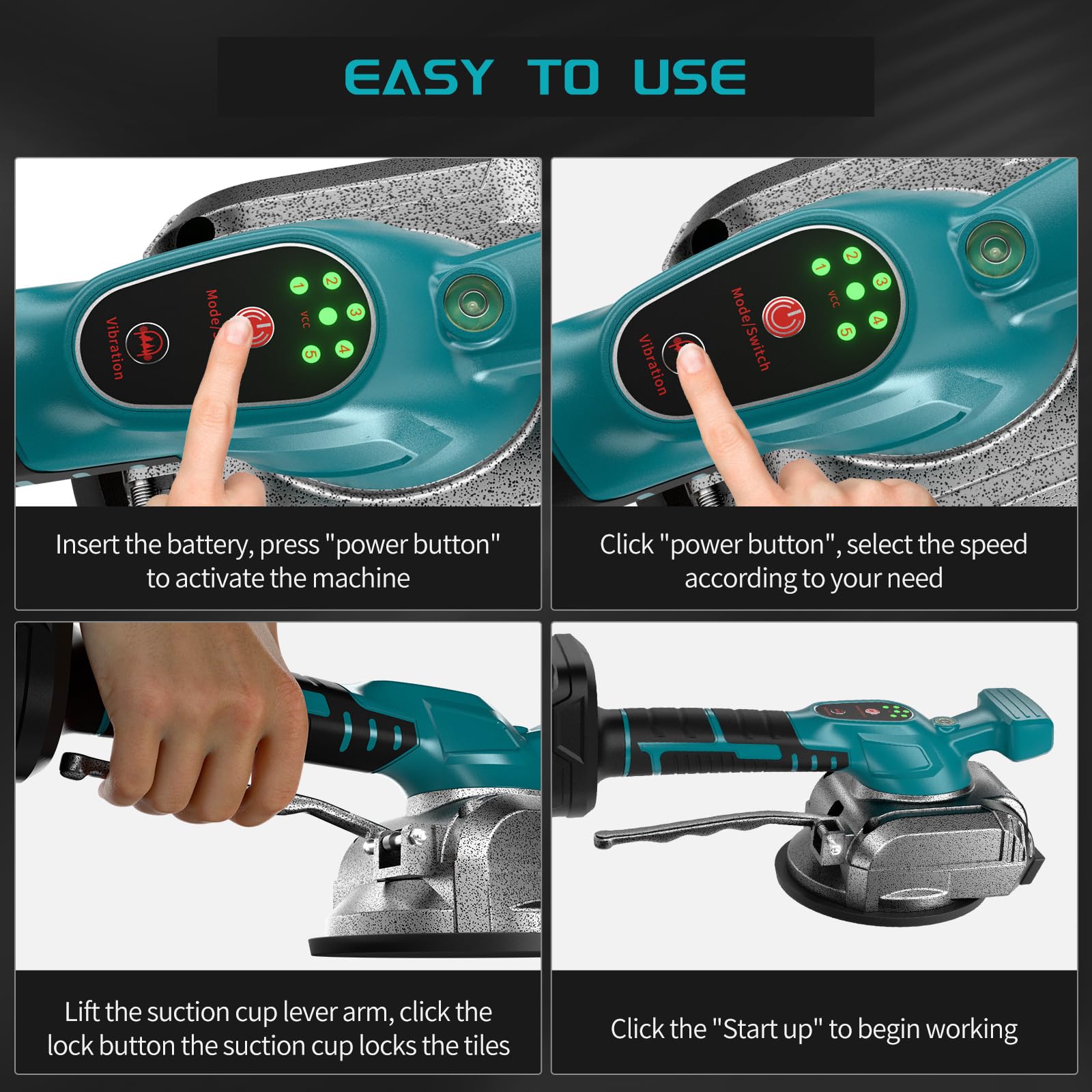 Powtree 2IN1 Akku Fliesenrüttler für Makita 18V Akku (ohne Batterie), 70kg Adsorption Fliesen Vibrationsgerät Fliesenvibrator mit 5 einstellbaren Geschwindigkeiten und großem Saugnapf