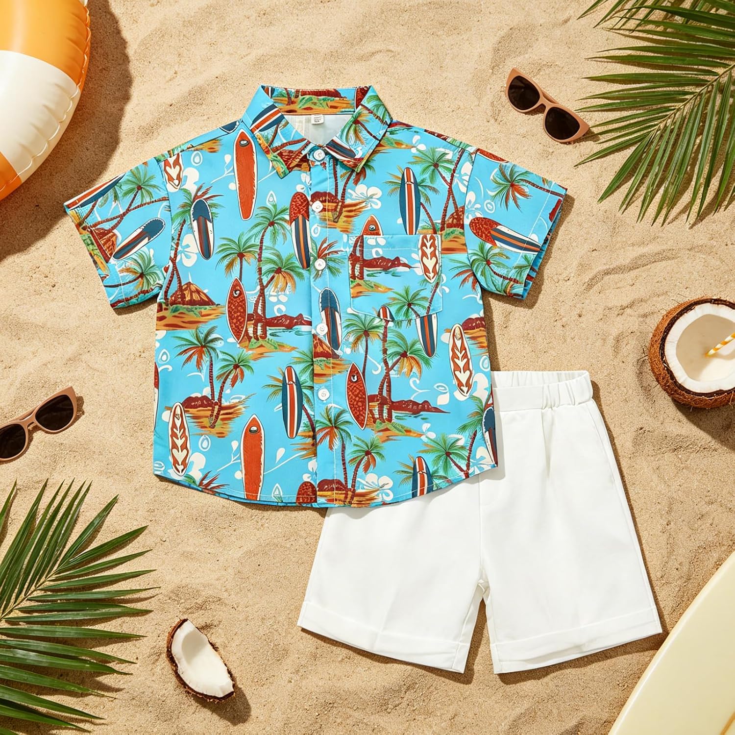 Boys Hawaiian Outfit 2 Pcs Boys Summer Beach Button-Down Shirt Set Tropical Shirt and Shorts for Kids 5-14 Years
