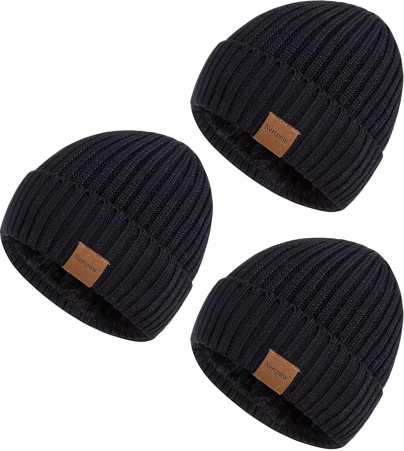 Nertpow Mens Beanie Hats 3 Pack, Winter Hats for Men Women Warm Thermal Fleece Lined, Thick Knit Fashion Skull Cap for Guys