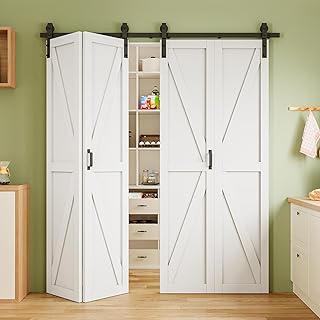 72" x 84" Pre-Assembled Solid Core Panels Bifold Barn Door, White Primed Finish Folding Barn Door with Hardware Kit Included for Closet Pantry Laundry, K Shape