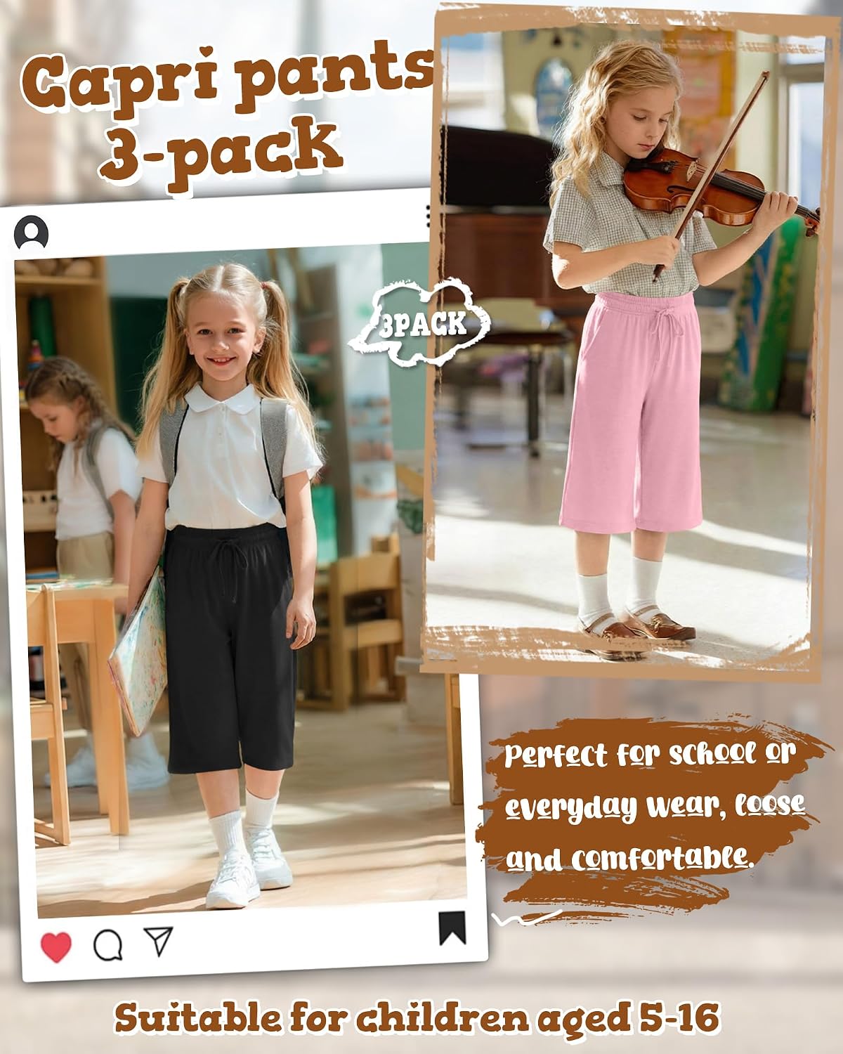 3 Pack Girls Capris Summer Capri Pants 5-16 Years Wide Leg Elastic Waist Cropped Pants Loose Sweatpants with Pocket
