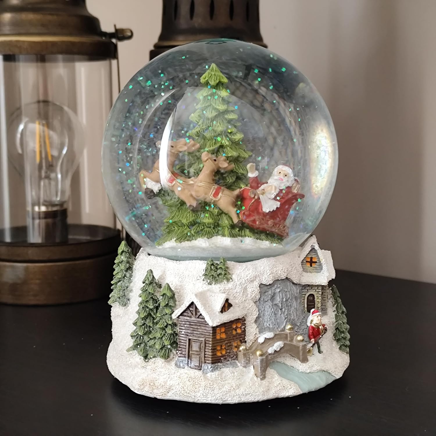 Christmas White Santa Sleigh Snow Scene 13x13x17.1cm Snow Globe