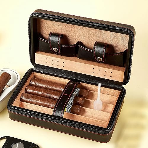 Miniatura 9 de Kit de humidor de viaje para cigarros, accesorios de cuero para cigarros con cortador, cenicero y estuche forrado de cedro para una frescura óptima,