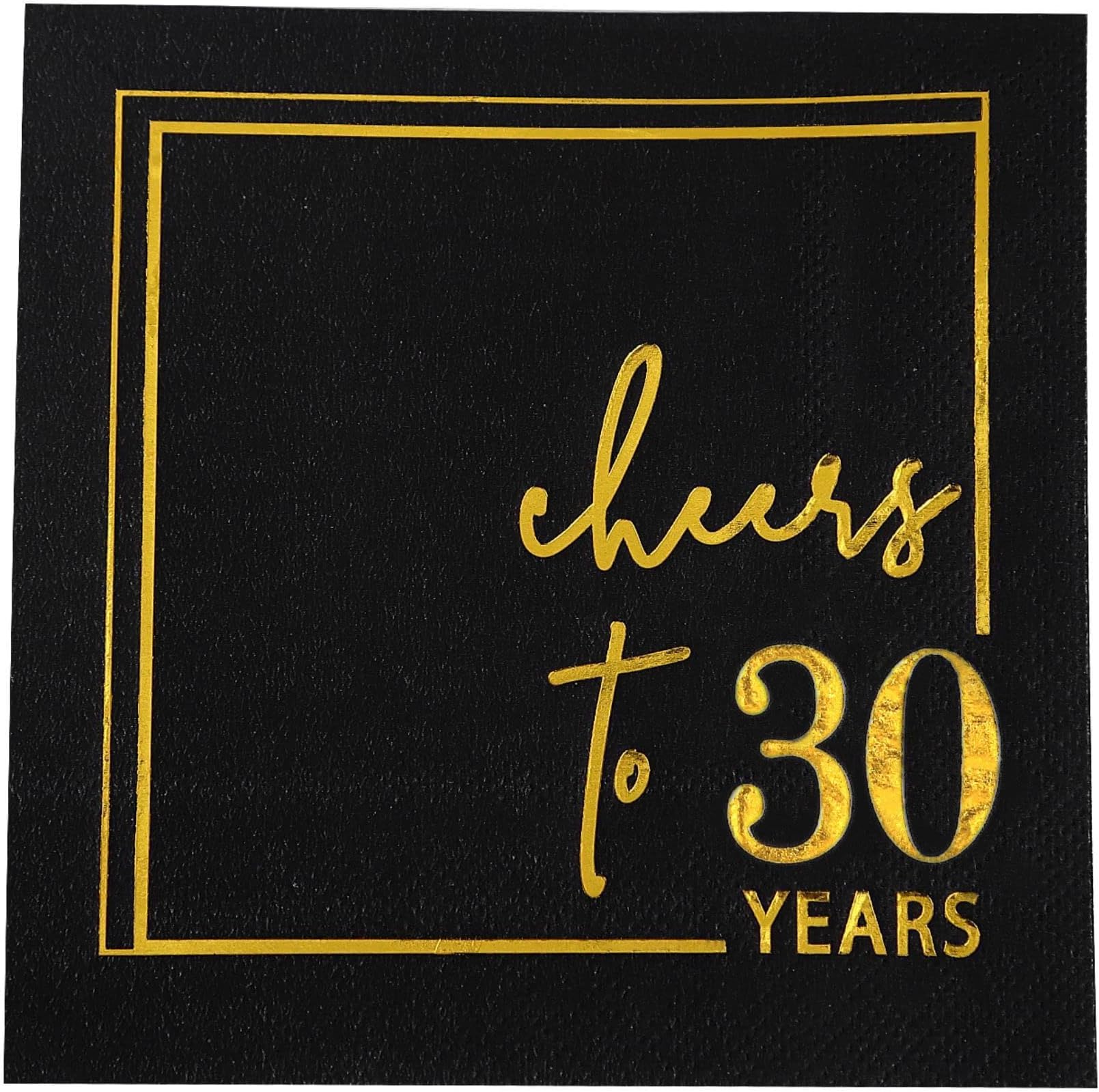 Cheers to Years Cocktail Napkins - 50 PK - 3-Ply Birthday Napkins 5x5 Inches Disposable Party Napkins Beverage Paper Napkins or Birthday Decorations Wedding Anniversary Black and Gold (30 Years)