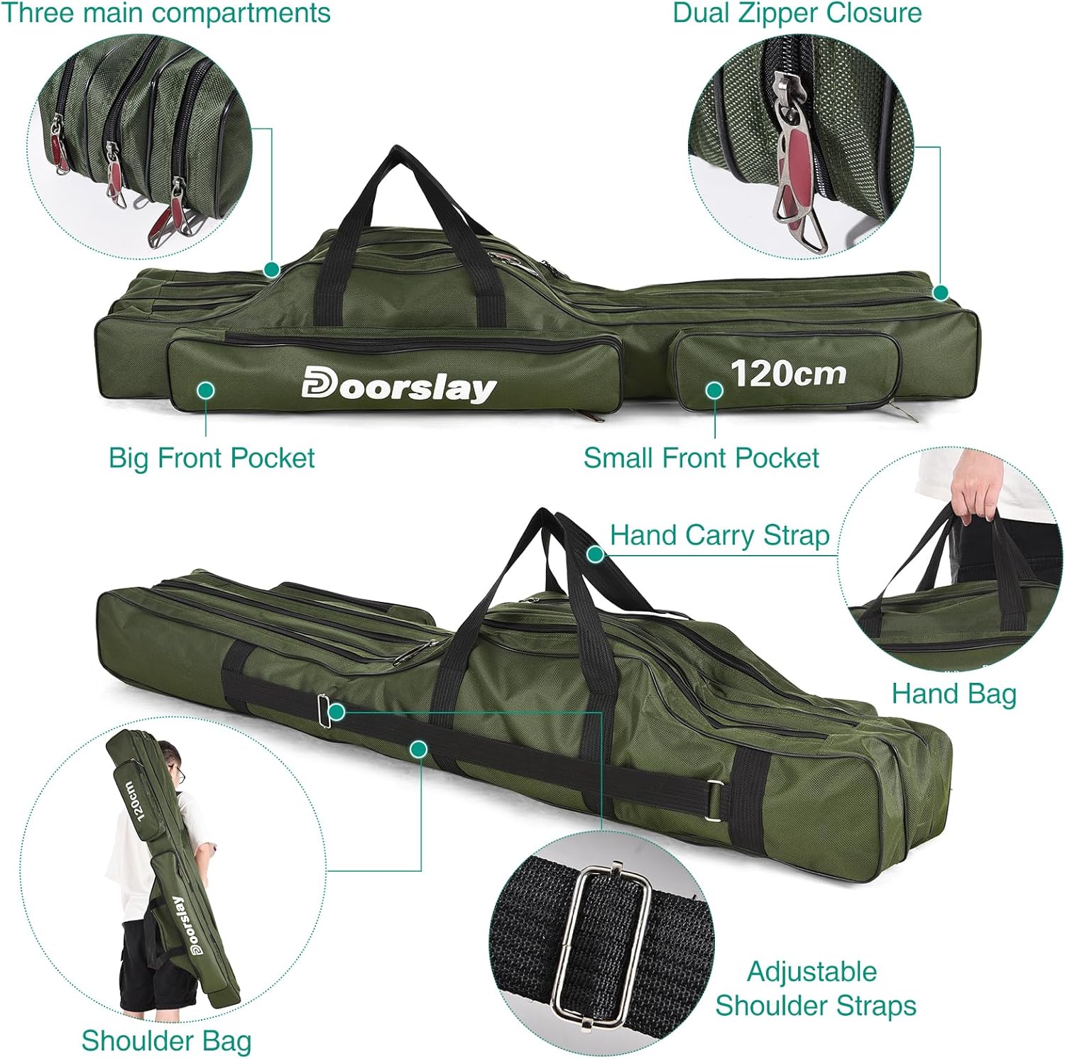 doorslay Fishing Rod Case Three Layers Fishing Rod Bag Oxford Portable Folding Fishing Pole Bag Outdoor Waterproof Tackle Storage Travel Bags Carry Organizer for Fishing Camping Hiking